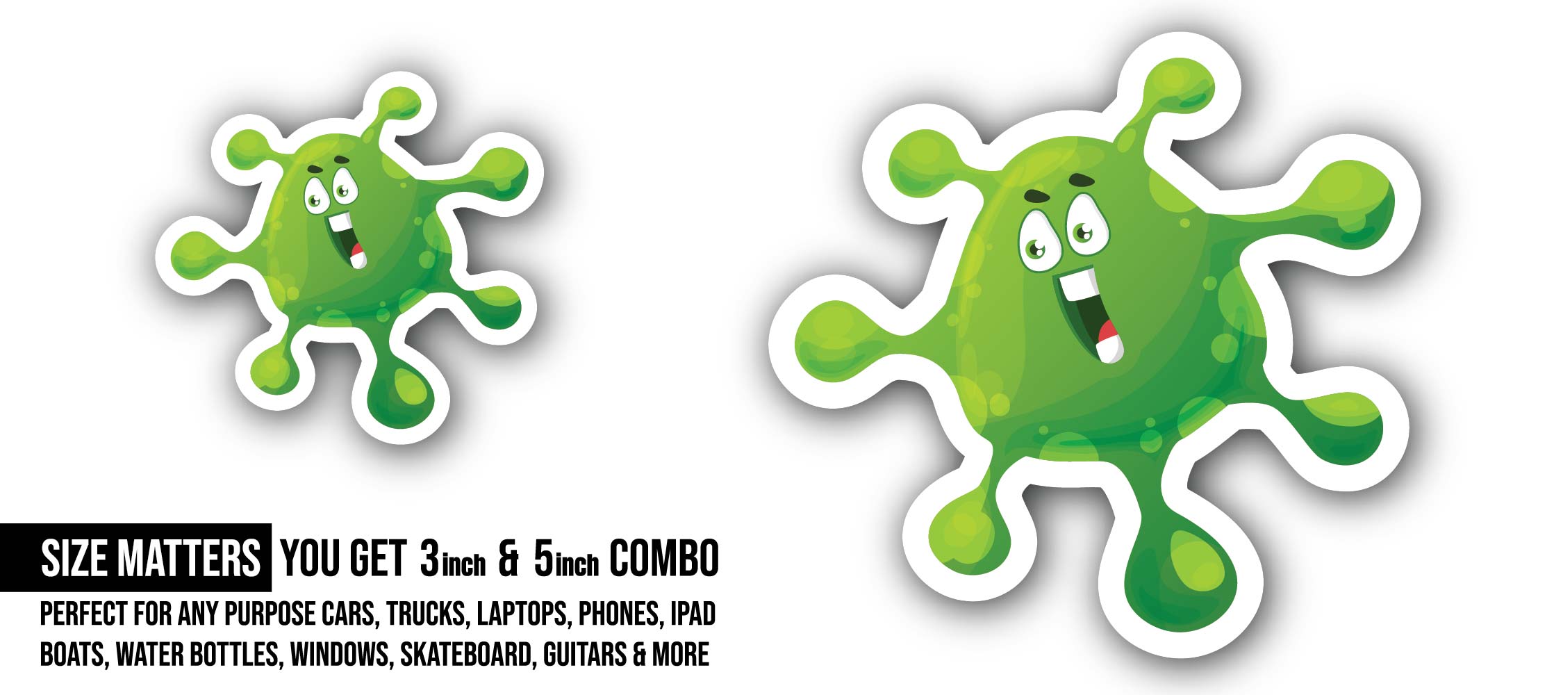 Cute Green Bacteria Sticker, Waterproof Vinyl Decal Sticker Indoor Or Outdoor 2 (Pieces) 3" and 5"