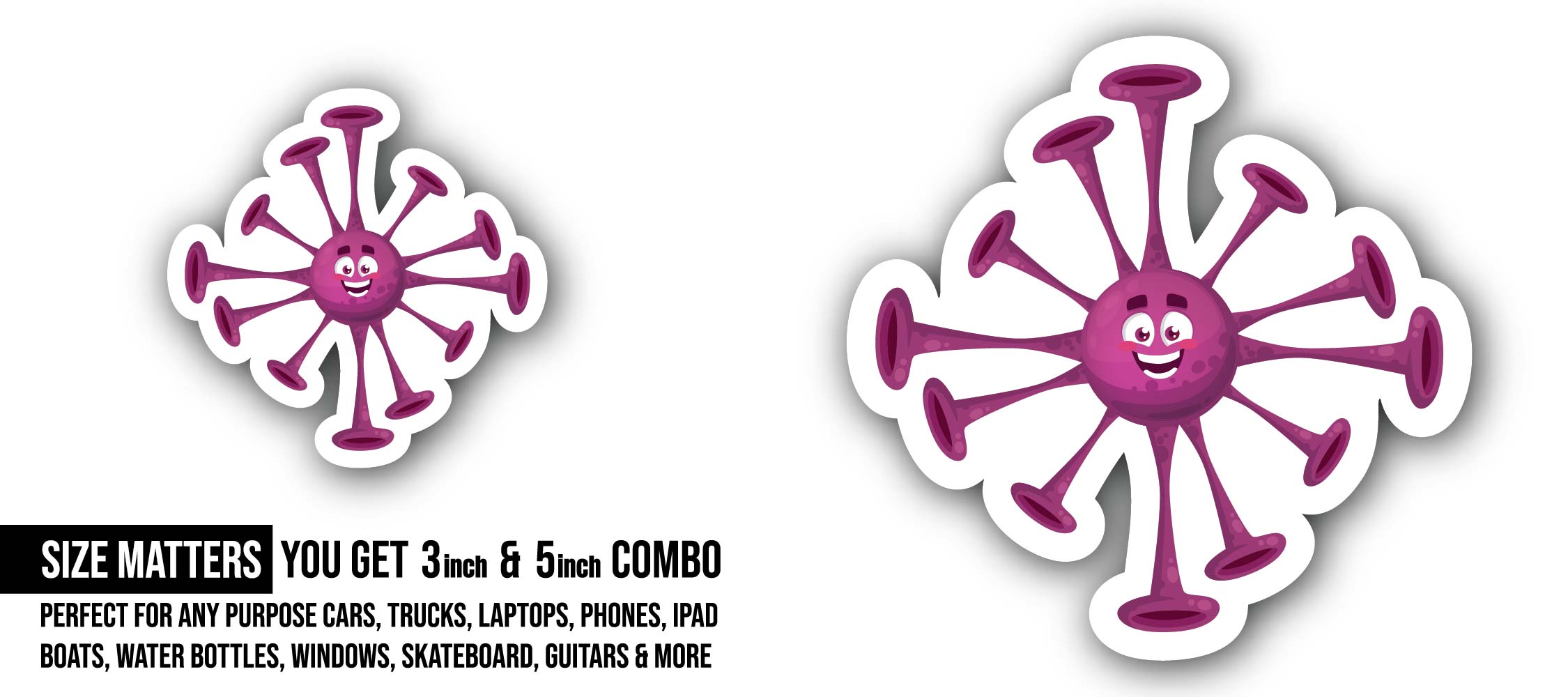purple Coronavirus bacteria Sticker, Waterproof Vinyl Decal Sticker Indoor Or Outdoor 2 (Pieces) 3" and 5"
