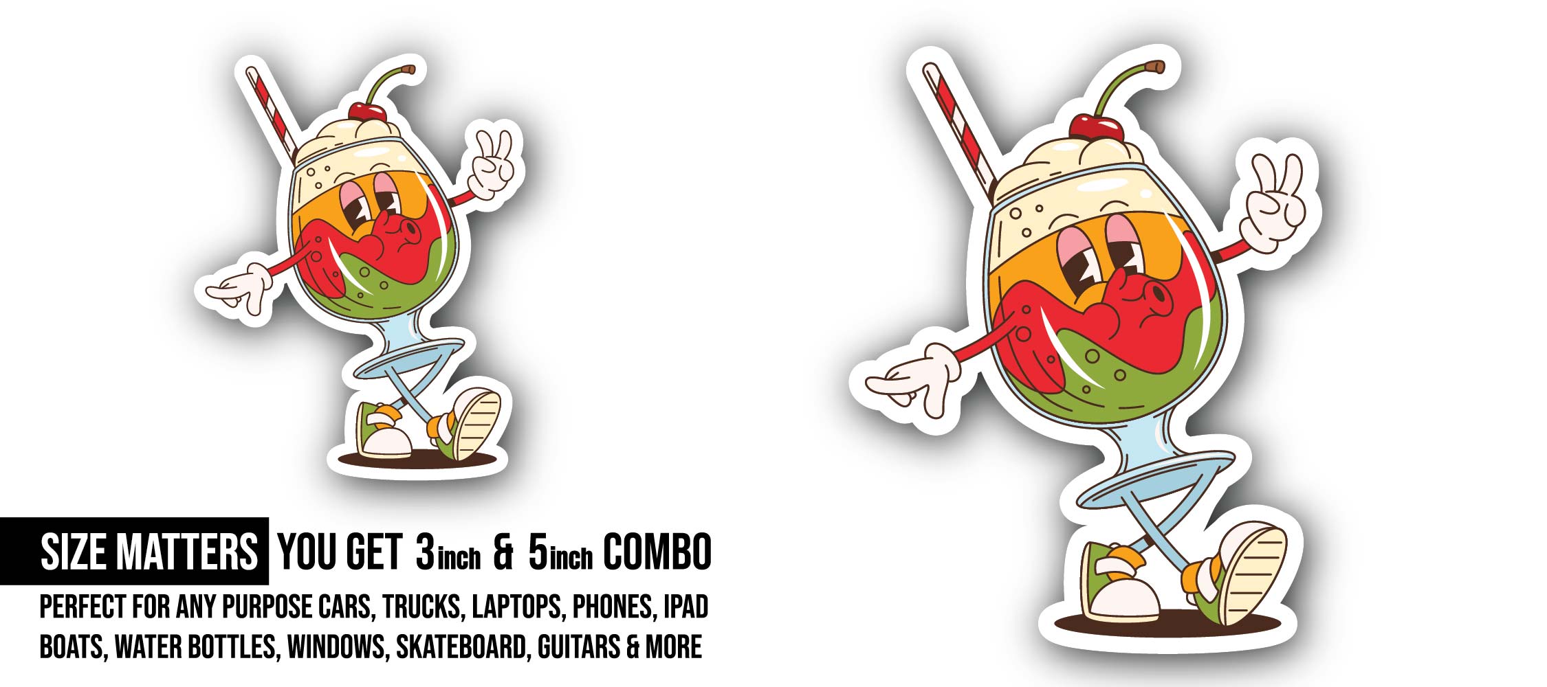 Funny cocktail Cartoon Character Sticker, Waterproof Vinyl Decal Sticker Indoor Or Outdoor 2 (Pieces) 3" and 5"