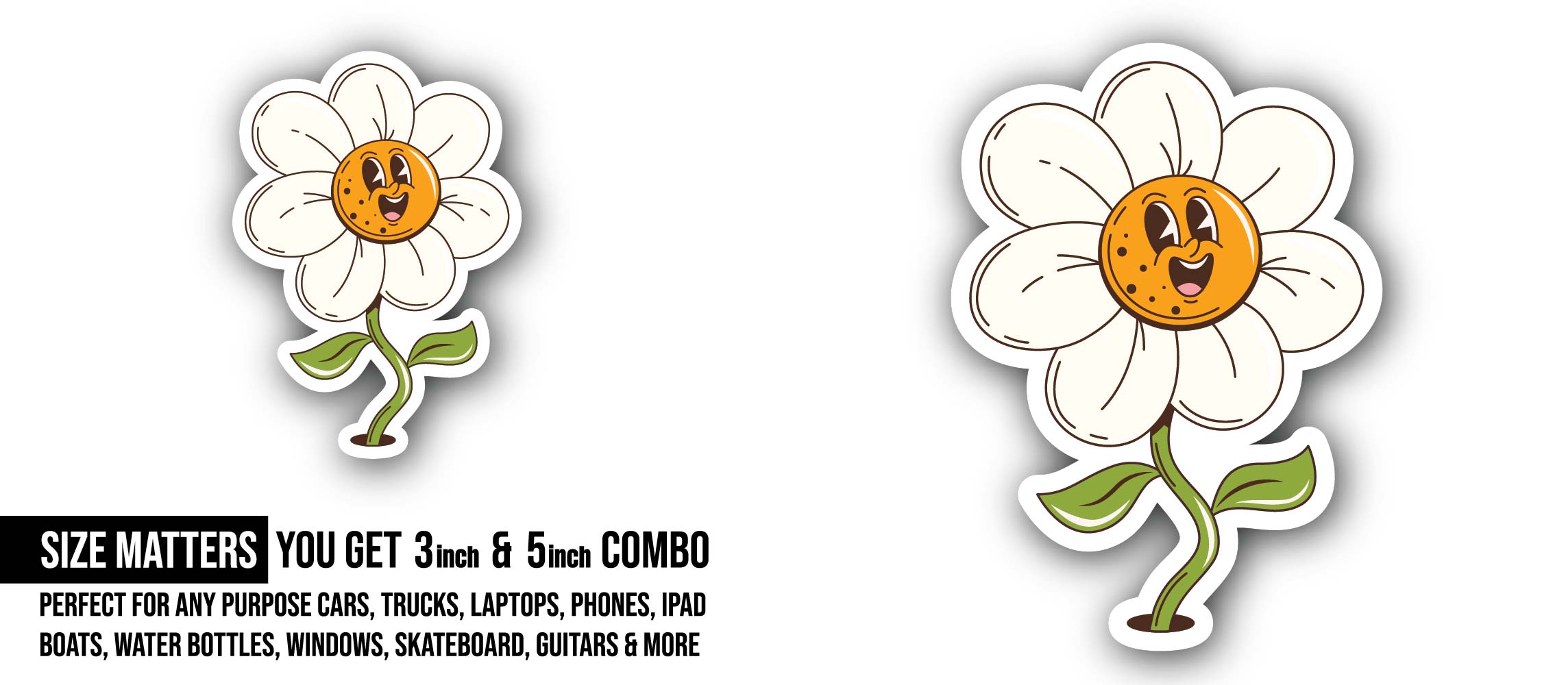 Cute White Flower Sticker, Waterproof Vinyl Decal Sticker Indoor Or Outdoor 2 (Pieces) 3" and 5"