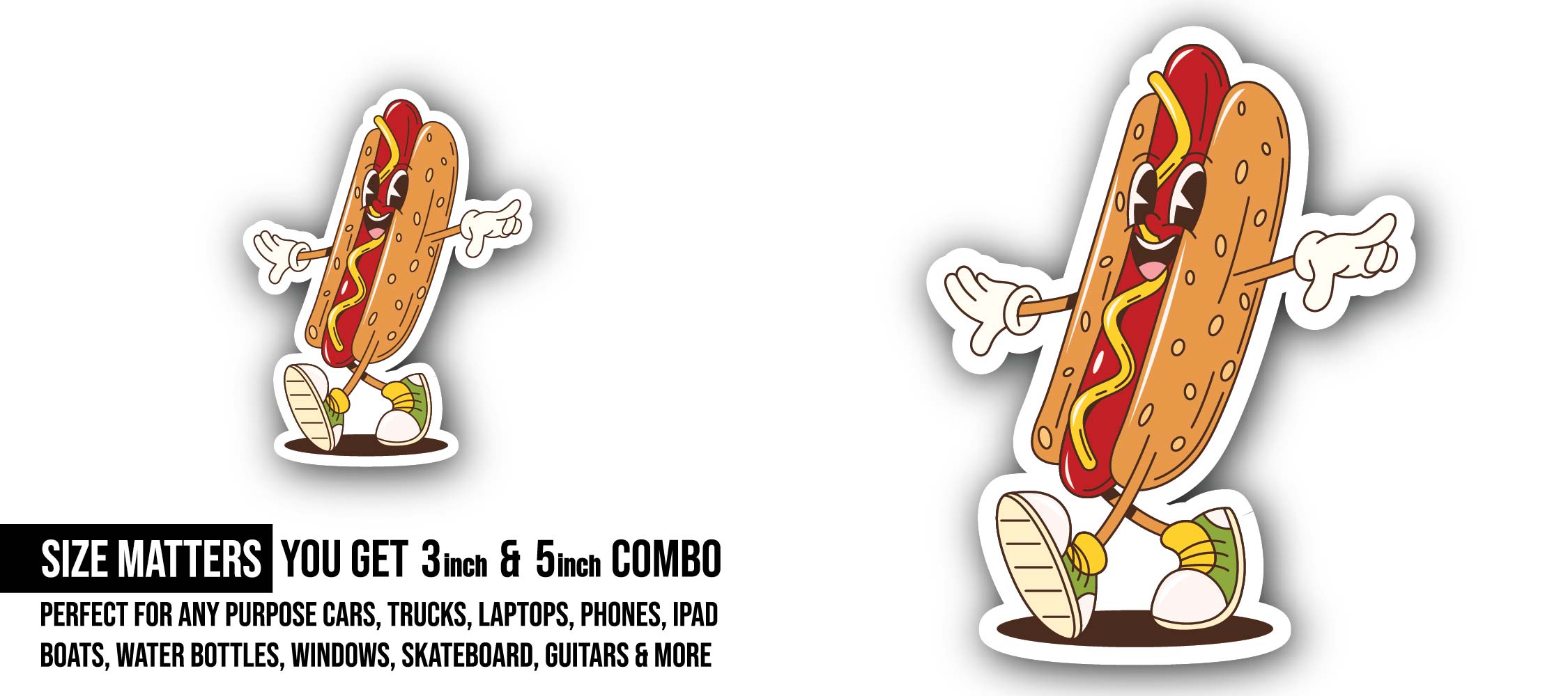 Happy Hotdog cartoon Sticker, Waterproof Vinyl Decal Sticker Indoor Or Outdoor 2 (Pieces) 3" and 5"