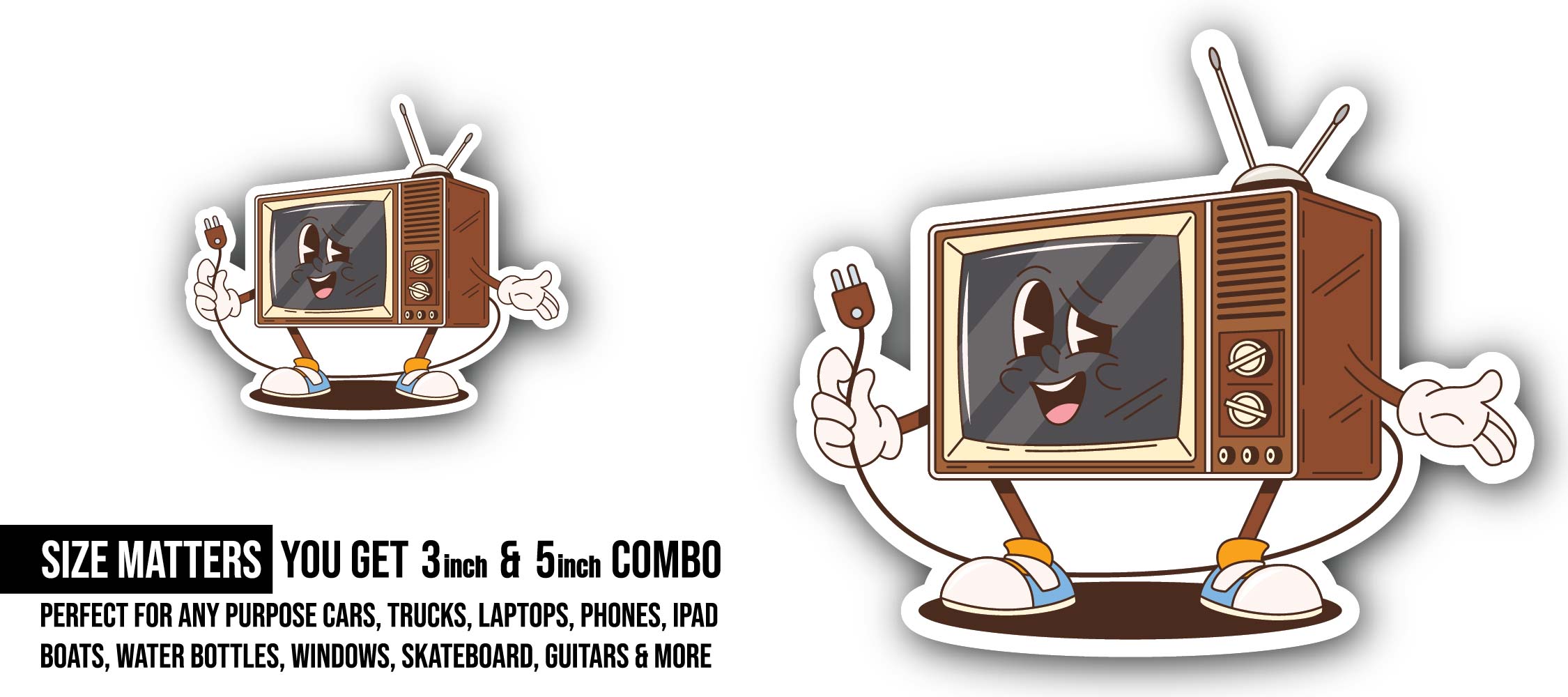 Cartoon tv character holds a plug in one hand Sticker, Waterproof Vinyl Decal Sticker Indoor Or Outdoor 2 (Pieces) 3" and 5"