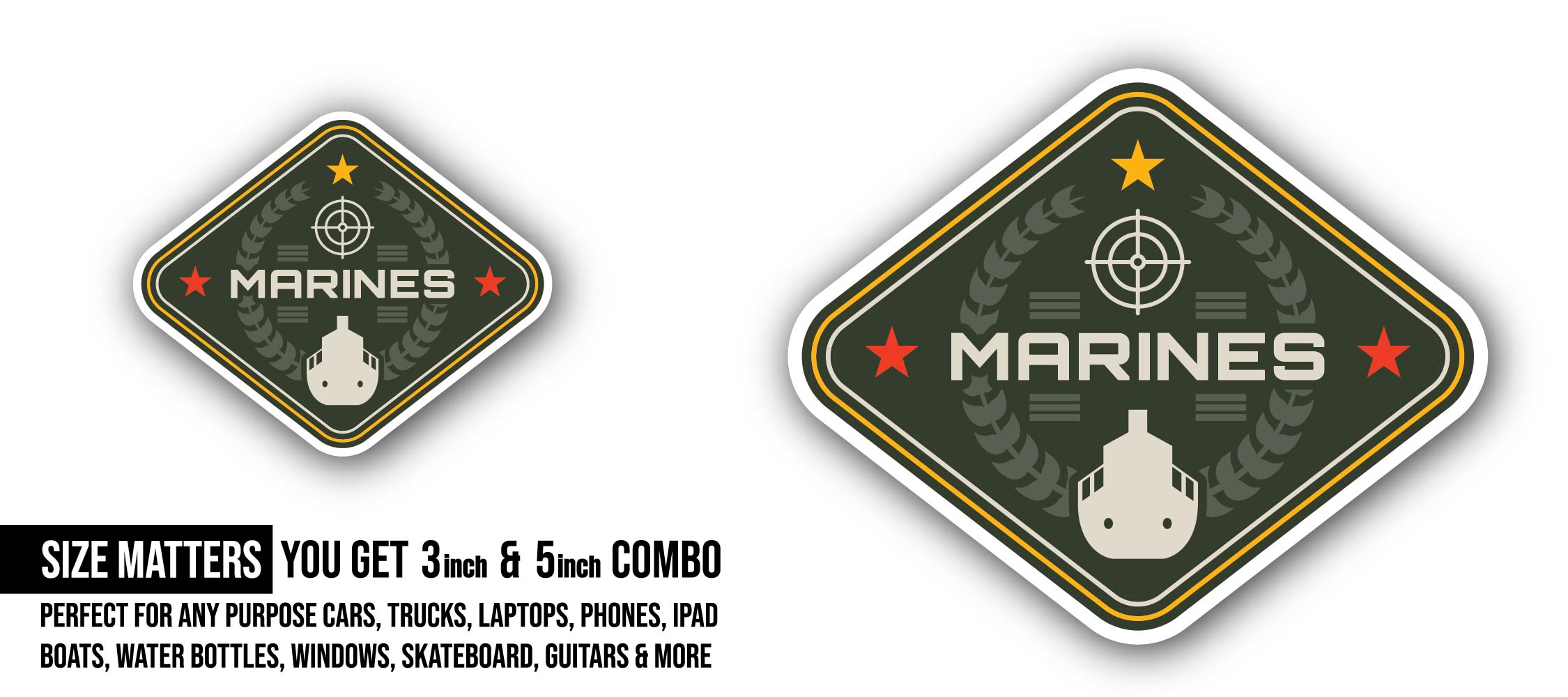 US Marines Sticker, Waterproof Vinyl Decal Sticker Indoor Or Outdoor 2 (Pieces) 3" and 5"