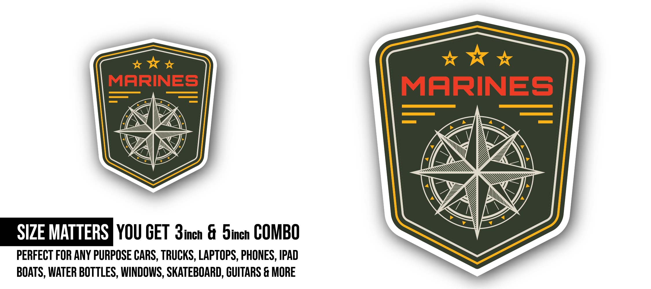 Marines Compass Sticker, Waterproof Vinyl Decal Sticker Indoor Or Outdoor 2 (Pieces) 3" and 5"