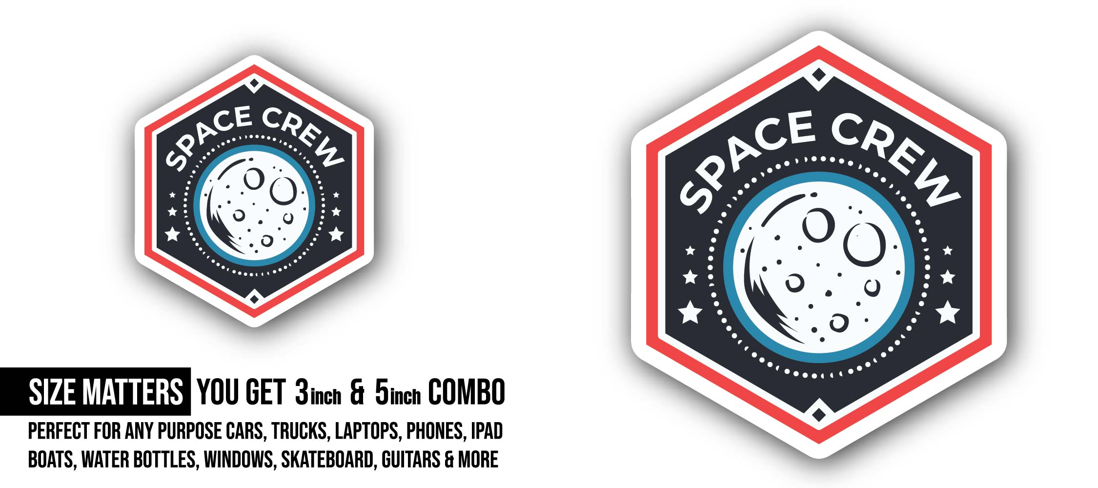 Space Crew Logo Sticker, Waterproof Vinyl Decal Sticker Indoor Or Outdoor 2 (Pieces) 3" and 5"