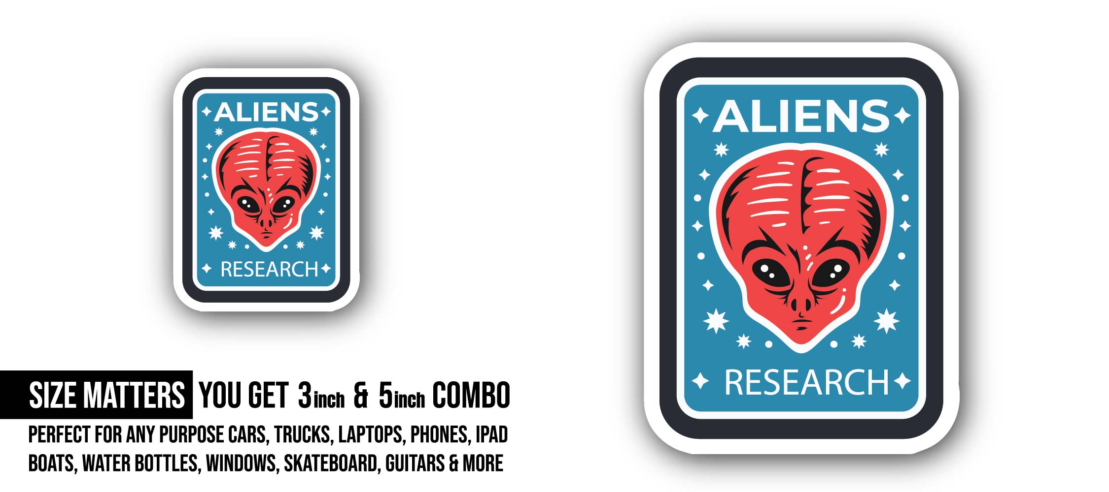 Aliens Research Sticker, Waterproof Vinyl Decal Sticker Indoor Or Outdoor 2 (Pieces) 3" and 5"