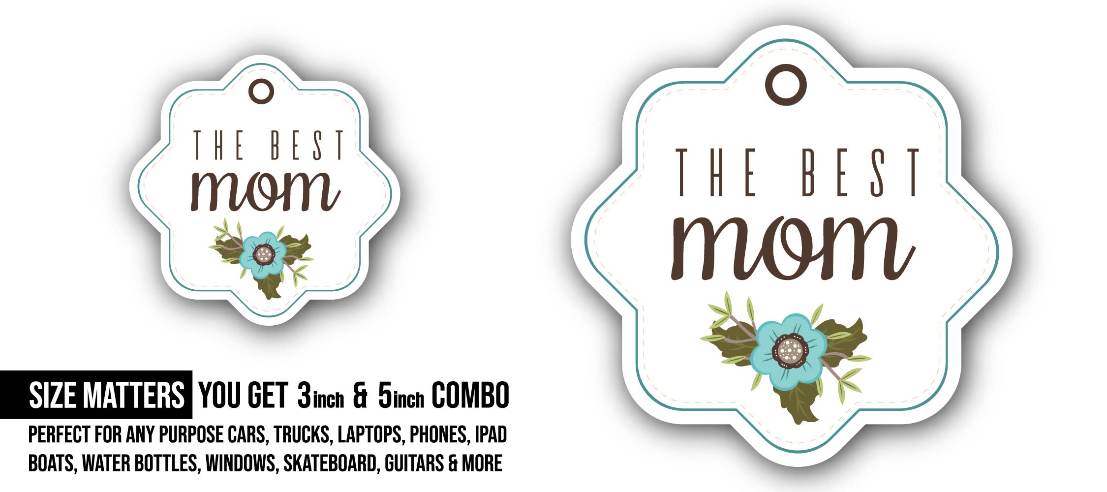 The Best Mom Sticker, Waterproof Vinyl Decal Sticker Indoor Or Outdoor 2 (Pieces) 3" and 5"