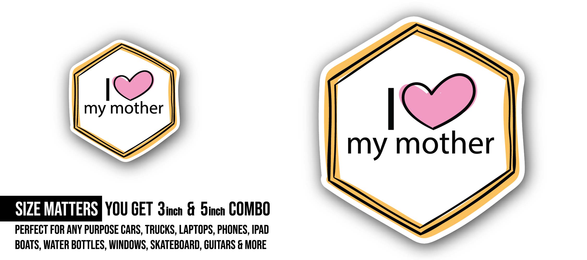 I Love mom Sticker, Waterproof Vinyl Decal Sticker Indoor Or Outdoor 2 (Pieces) 3" and 5"