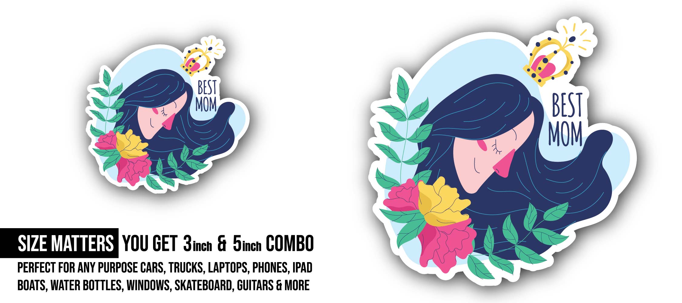 A picture of a woman with the label that says best mom Sticker, Waterproof Vinyl Decal Sticker Indoor Or Outdoor 2 (Pieces) 3" and 5"