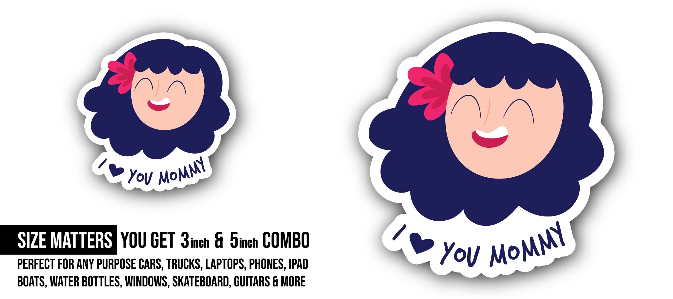 I Love Mommy Sticker, Waterproof Vinyl Decal Sticker Indoor Or Outdoor 2 (Pieces) 3" and 5"