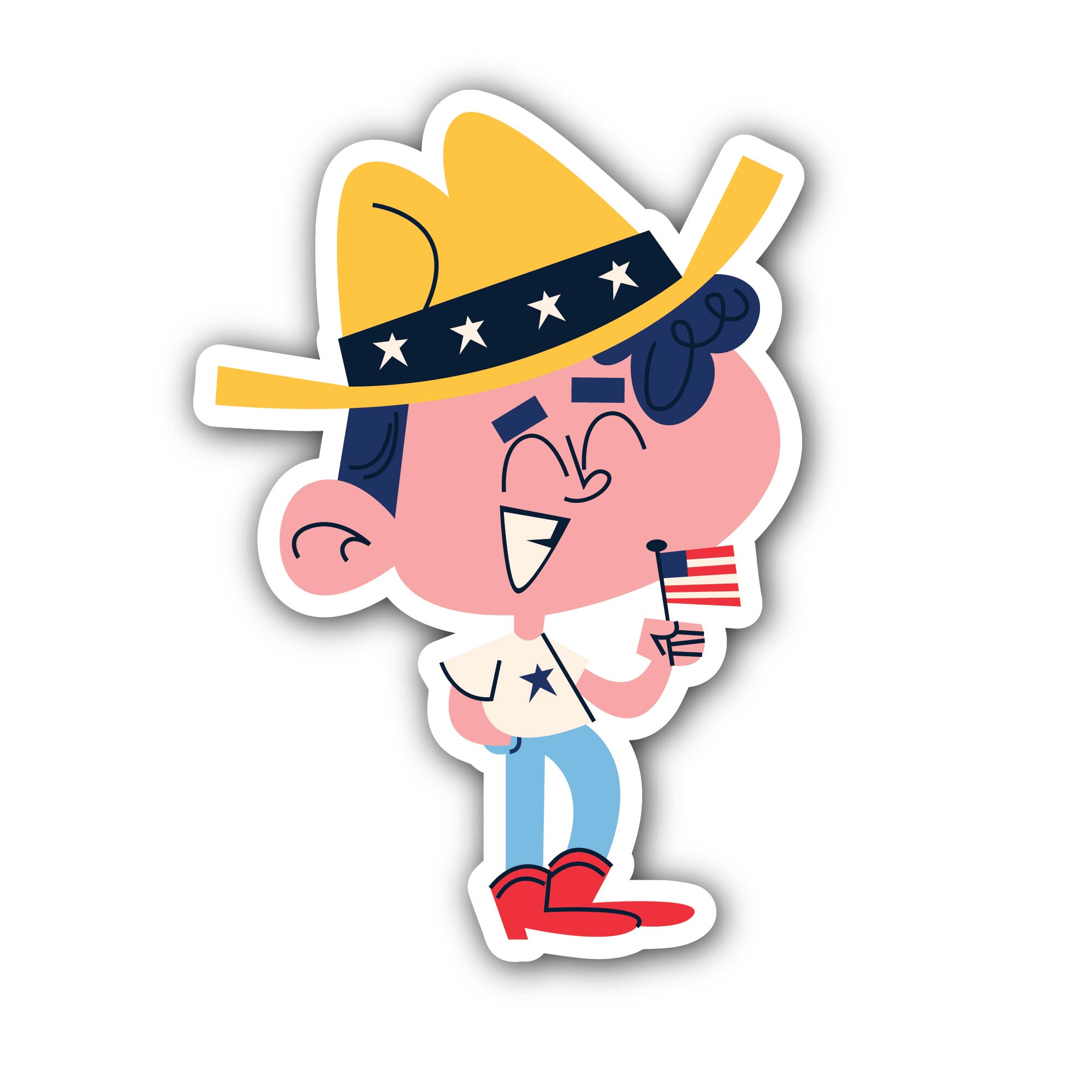 Boy with Flag Sticker, Waterproof Vinyl Decal Sticker Indoor Or Outdoor 2 (Pieces) 3" and 5"