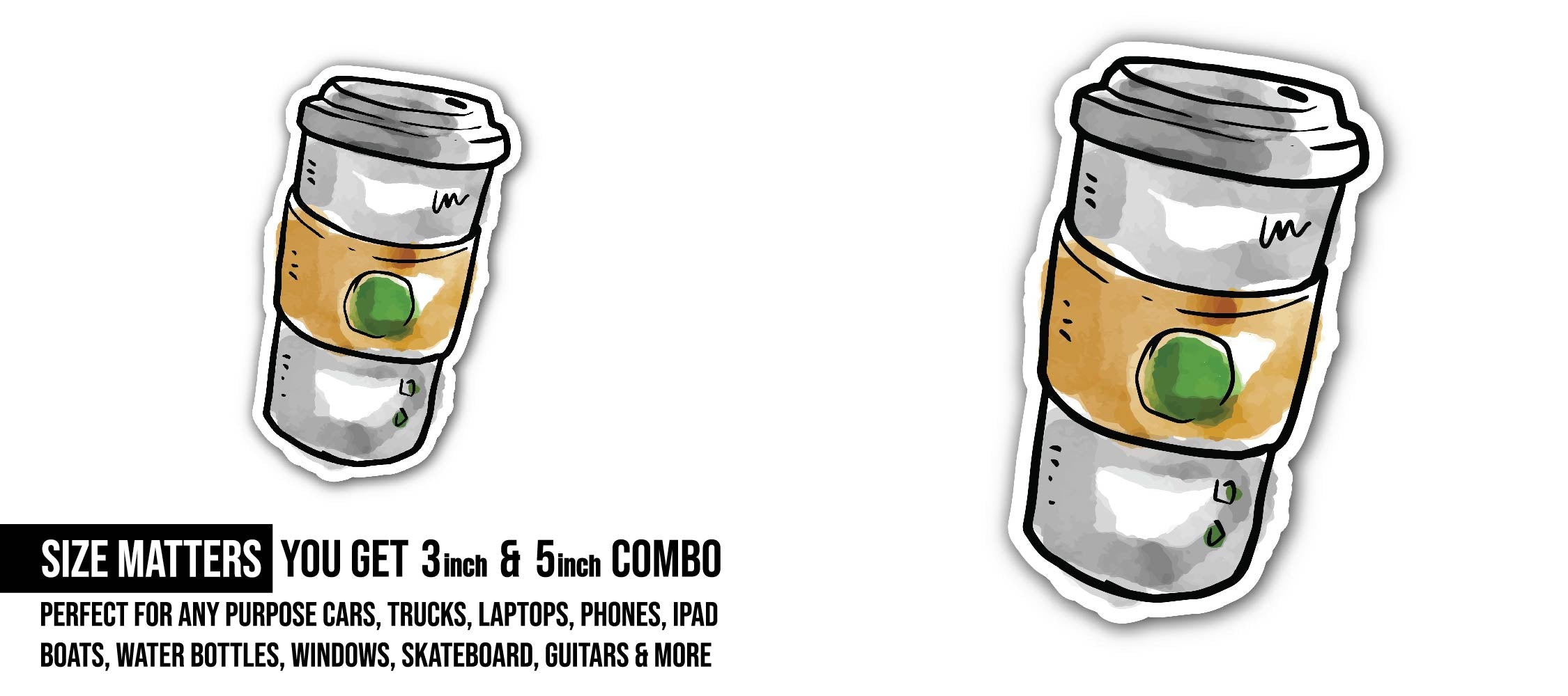 Paper coffee cup Sticker, Waterproof Vinyl Decal Sticker Indoor Or Outdoor 2 (Pieces) 3" and 5"