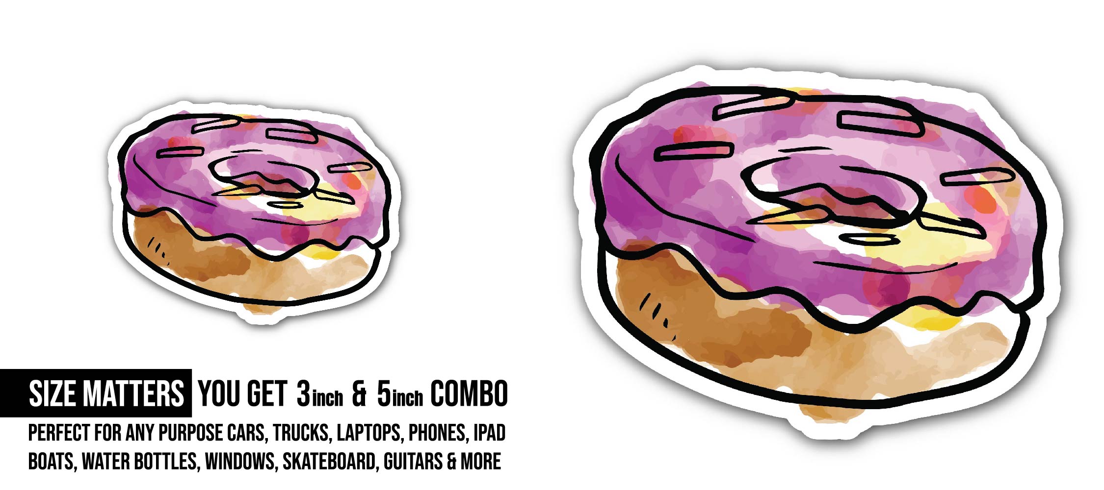 Donut Sticker, Waterproof Vinyl Decal Sticker Indoor Or Outdoor 2 (Pieces) 3" and 5"