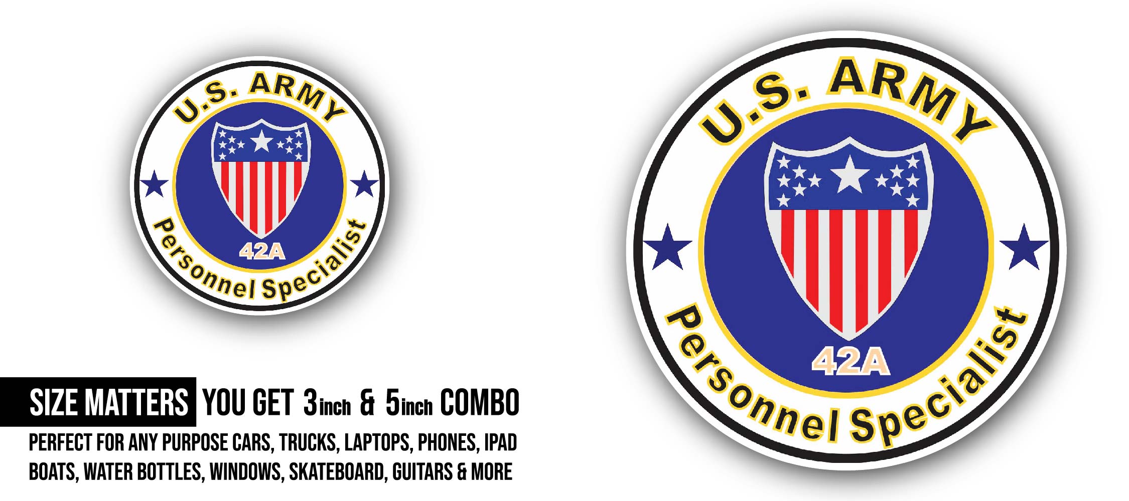U.S. Army MOS 42A Personnel Specialist Sticker, Waterproof Vinyl Decal Sticker Indoor Or Outdoor 2 (Pieces) 3" and 5"