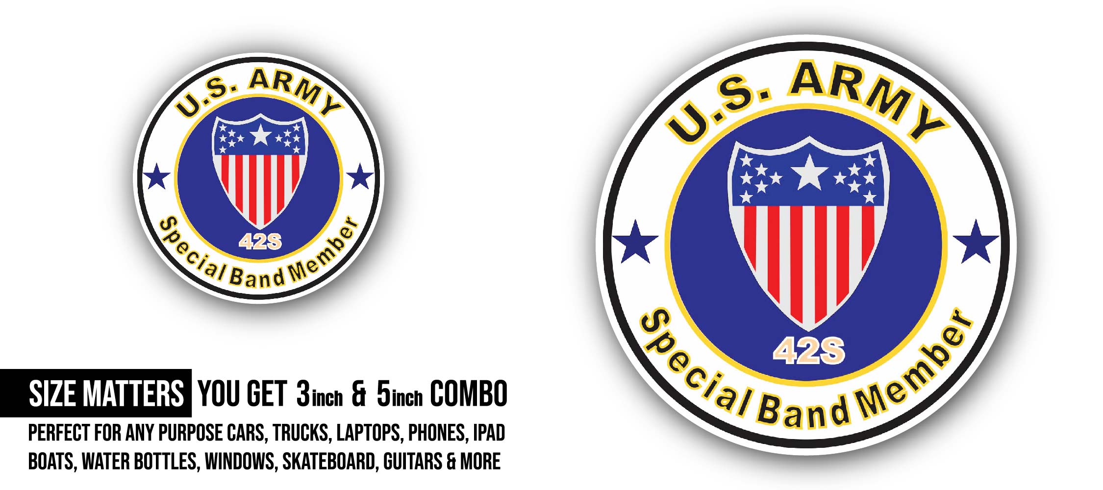 U.S. Army MOS 42S Special Band Member Sticker, Waterproof Vinyl Decal Sticker Indoor Or Outdoor 2 (Pieces) 3" and 5"