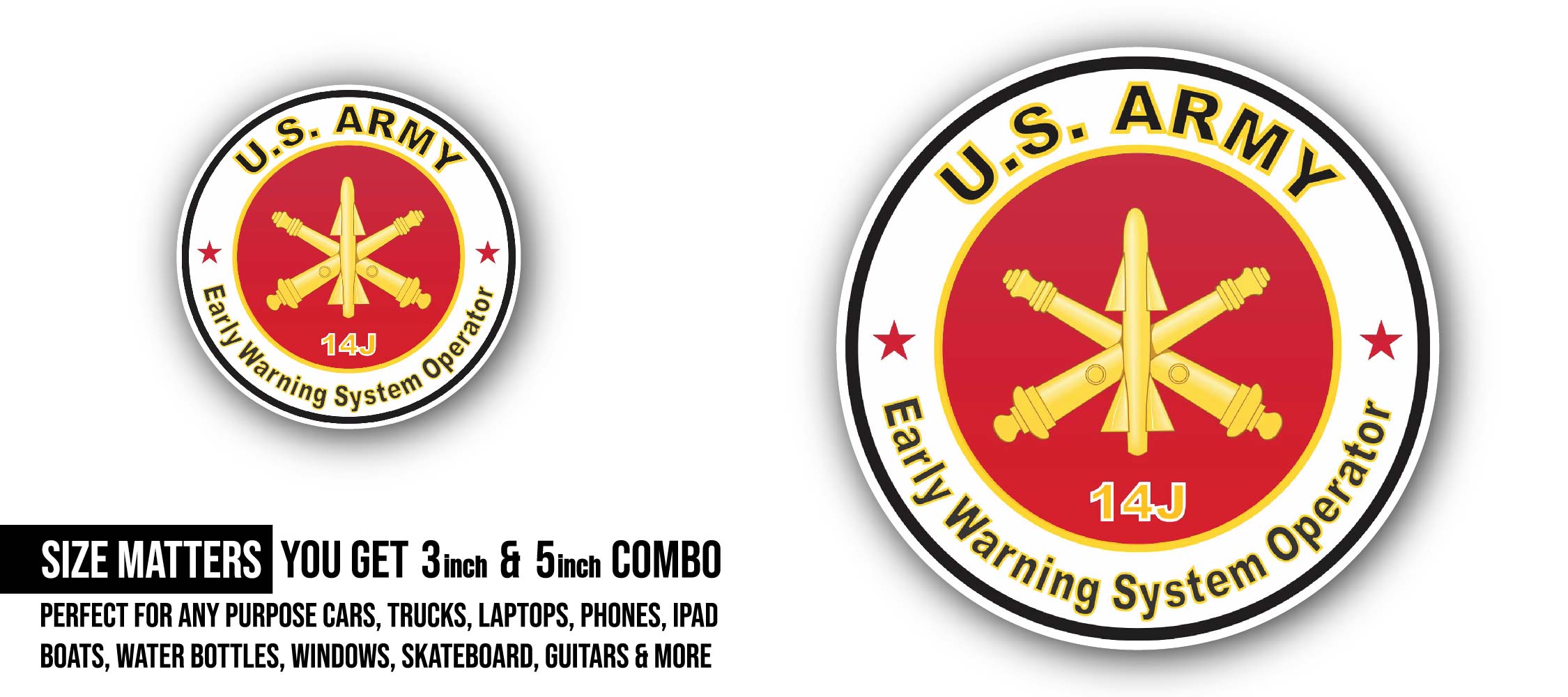 U.S. Army MOS 14J Early Warning System Operator Sticker, Waterproof Vinyl Decal Sticker Indoor Or Outdoor 2 (Pieces) 3" and 5"