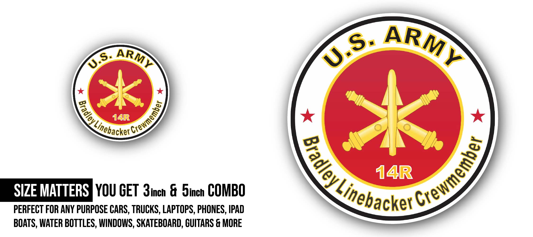 U.S. Army MOS 14R Bradley Linebacker Crewmember Sticker, Waterproof Vinyl Decal Sticker Indoor Or Outdoor 2 (Pieces) 3" and 5"