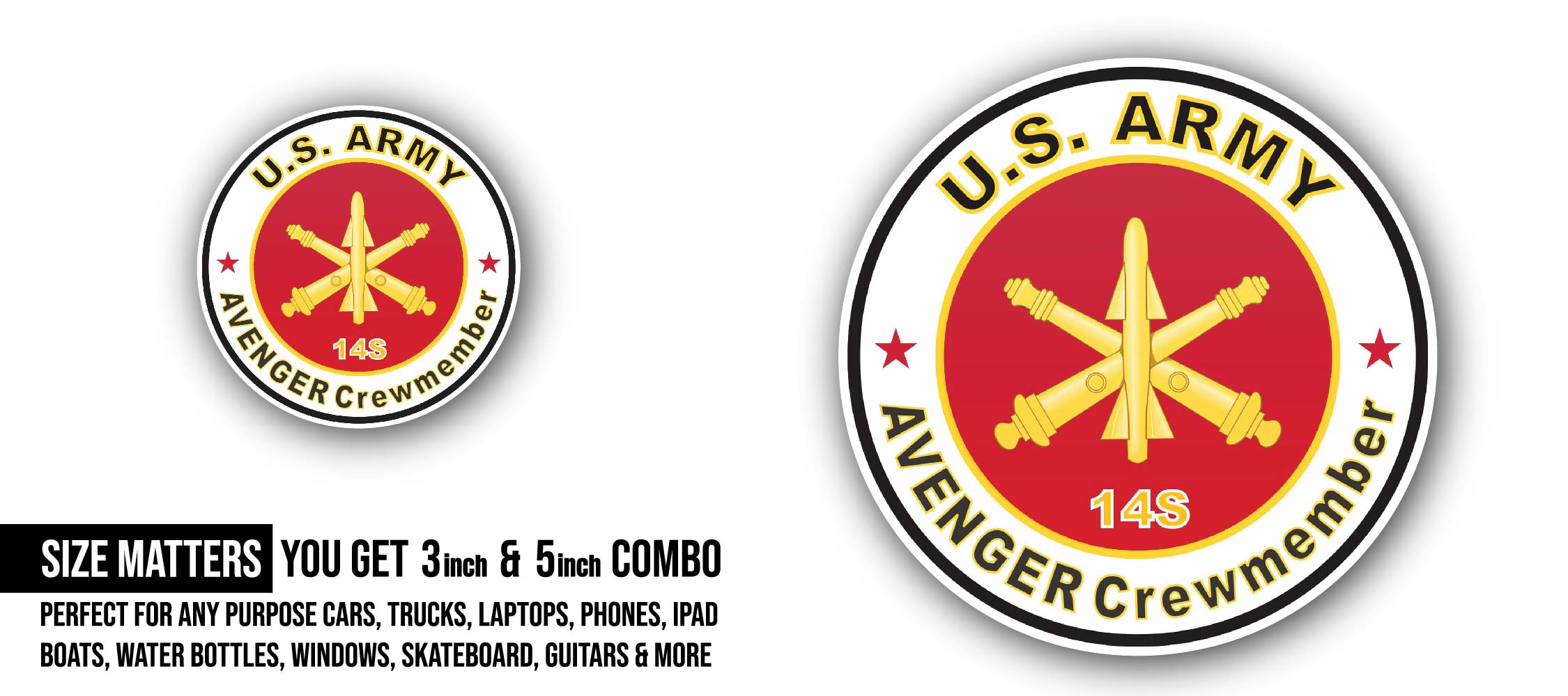 U.S. Army MOS 14S Avenger Crewmember Sticker, Waterproof Vinyl Decal Sticker Indoor Or Outdoor 2 (Pieces) 3" and 5"