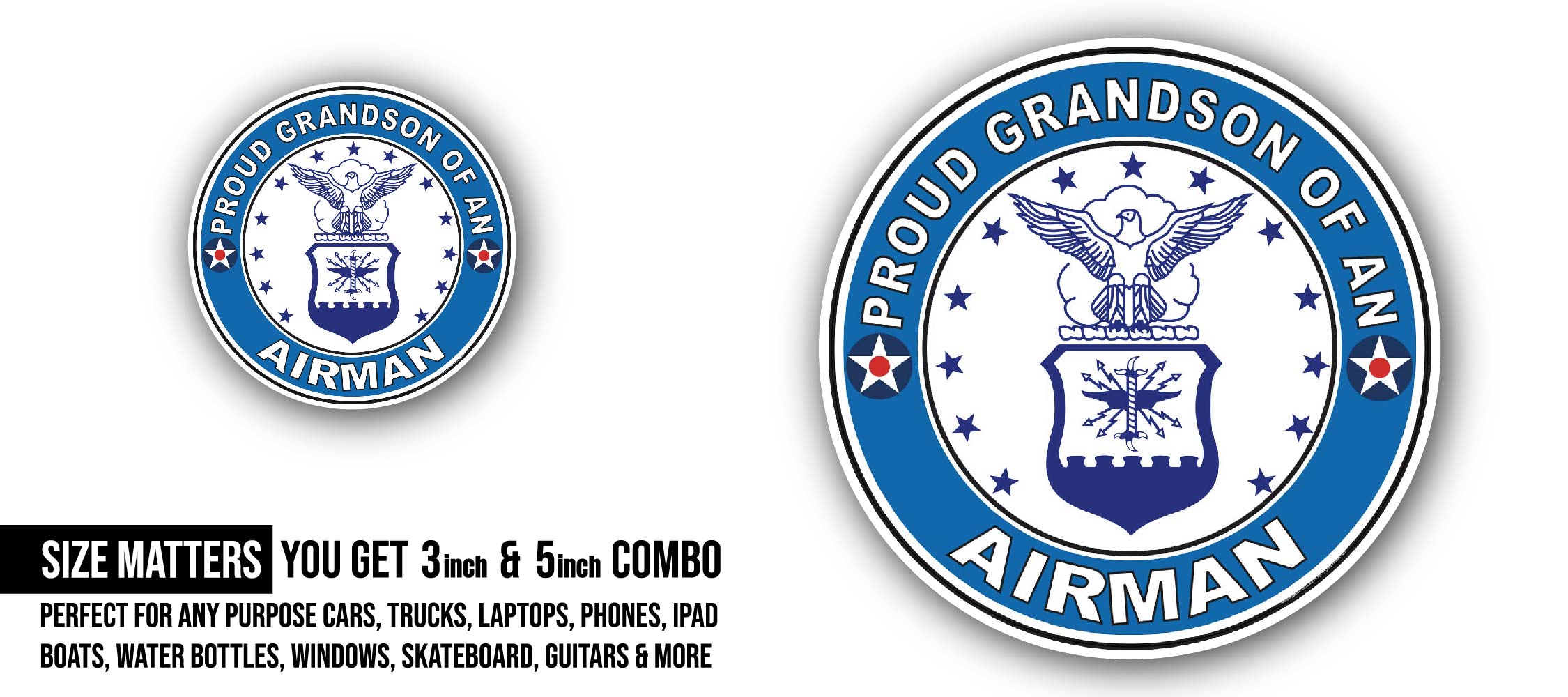 Proud Grandson of an Airman U.S. Air Force Sticker, Waterproof Vinyl Decal Sticker Indoor Or Outdoor 2 (Pieces) 3" and 5"