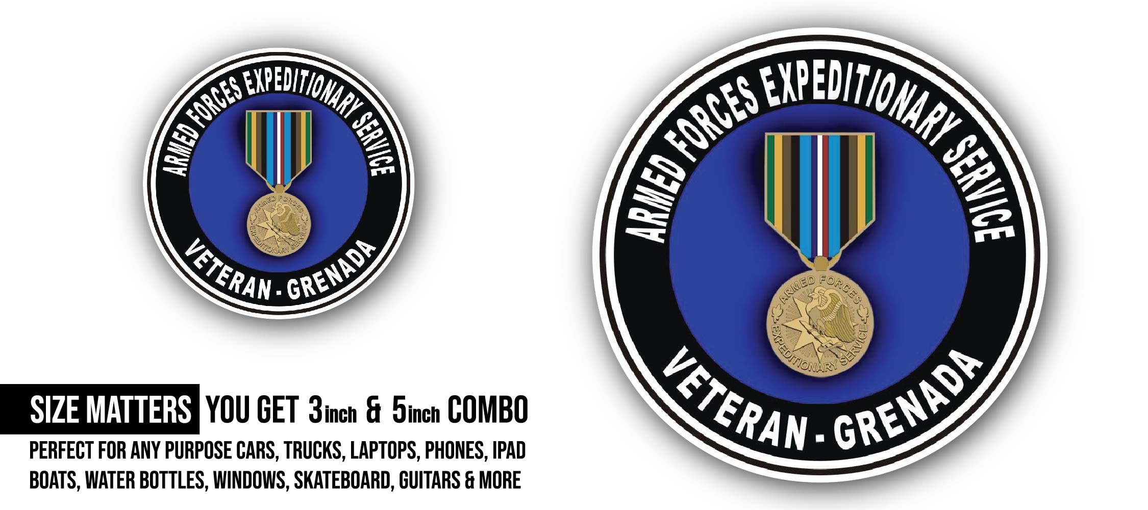 Armed Forces Expeditionary Medal Grenada Sticker, Waterproof Vinyl Decal Sticker Indoor Or Outdoor 2 (Pieces) 3" and 5"