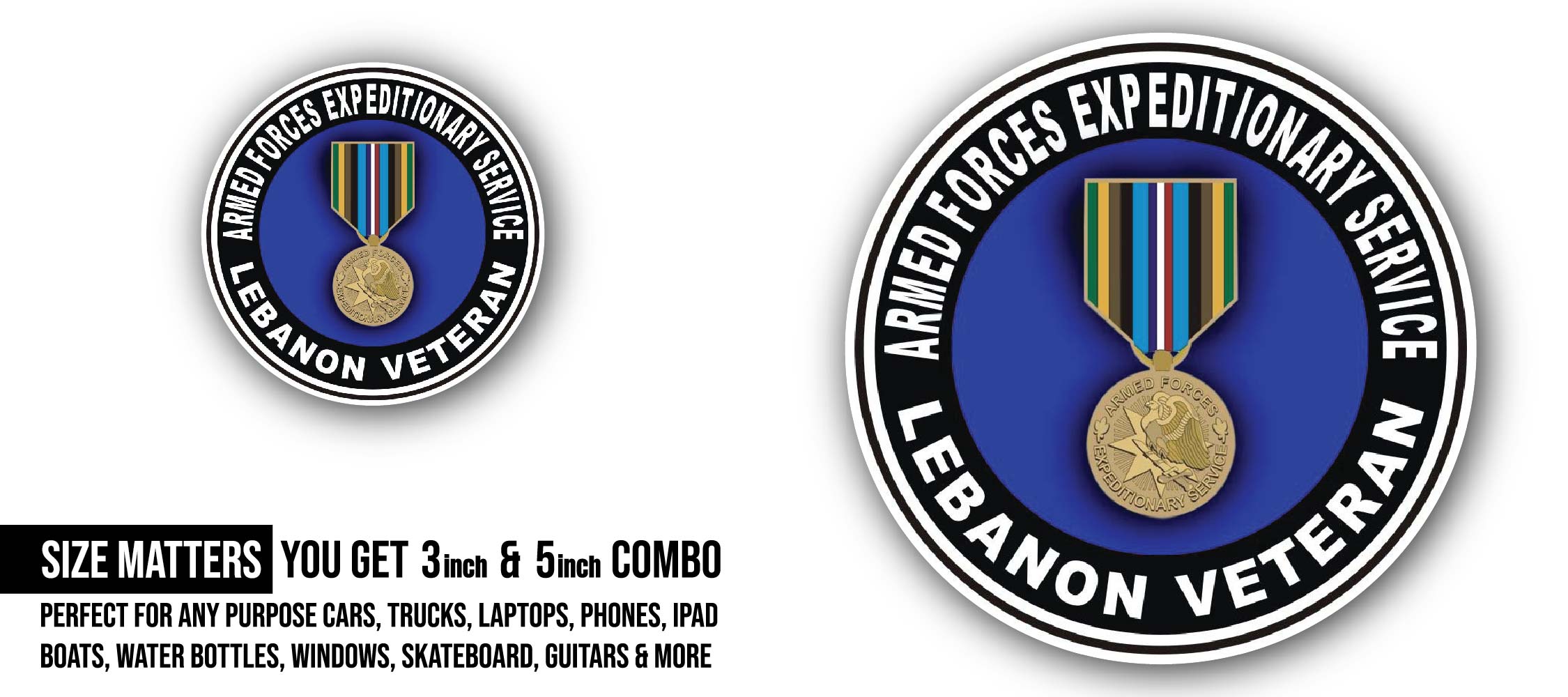 Armed Forces Expeditionary Medal Lebanon Sticker, Waterproof Vinyl Decal Sticker Indoor Or Outdoor 2 (Pieces) 3" and 5"