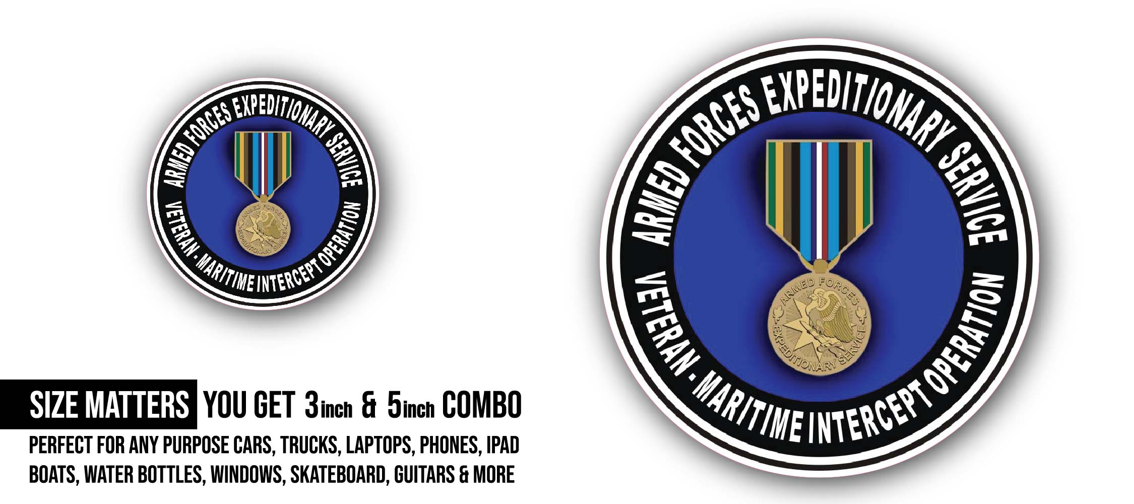 Armed Forces Expeditionary Medal Maritime Intercept Operation Sticker, Waterproof Vinyl Decal Sticker Indoor Or Outdoor 2 (Pieces) 3" and 5"