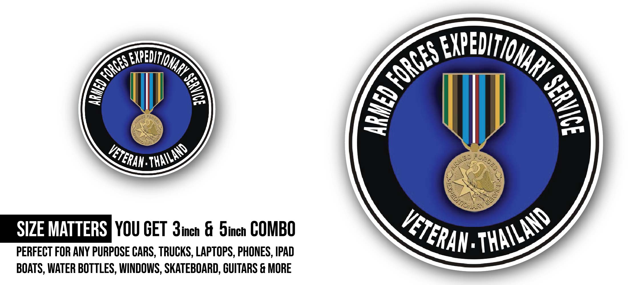 Armed Forces Expeditionary Medal Thailand Sticker, Waterproof Vinyl Decal Sticker Indoor Or Outdoor 2 (Pieces) 3" and 5"