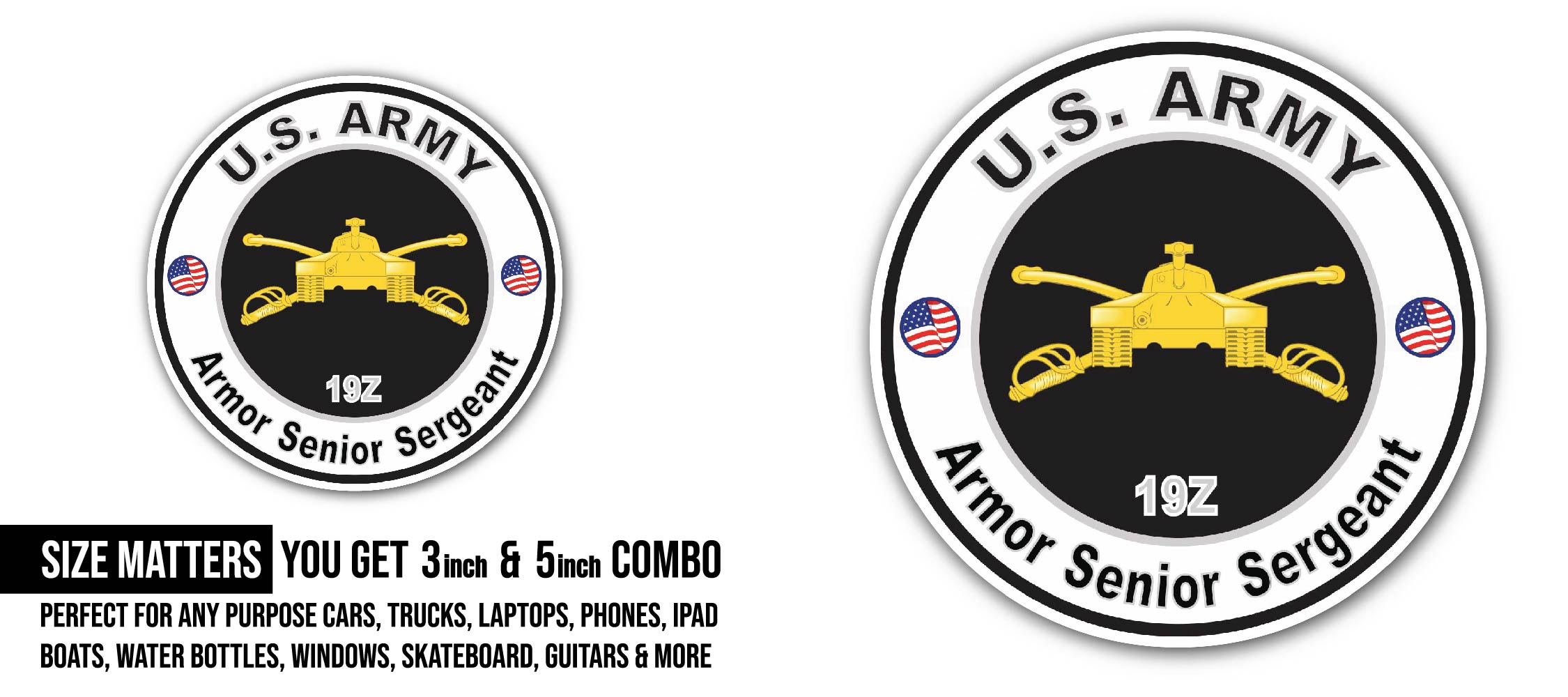 U.S. Army MOS 19Z Armor Senior Sergeant Sticker, Waterproof Vinyl Decal Sticker Indoor Or Outdoor 2 (Pieces) 3" and 5"