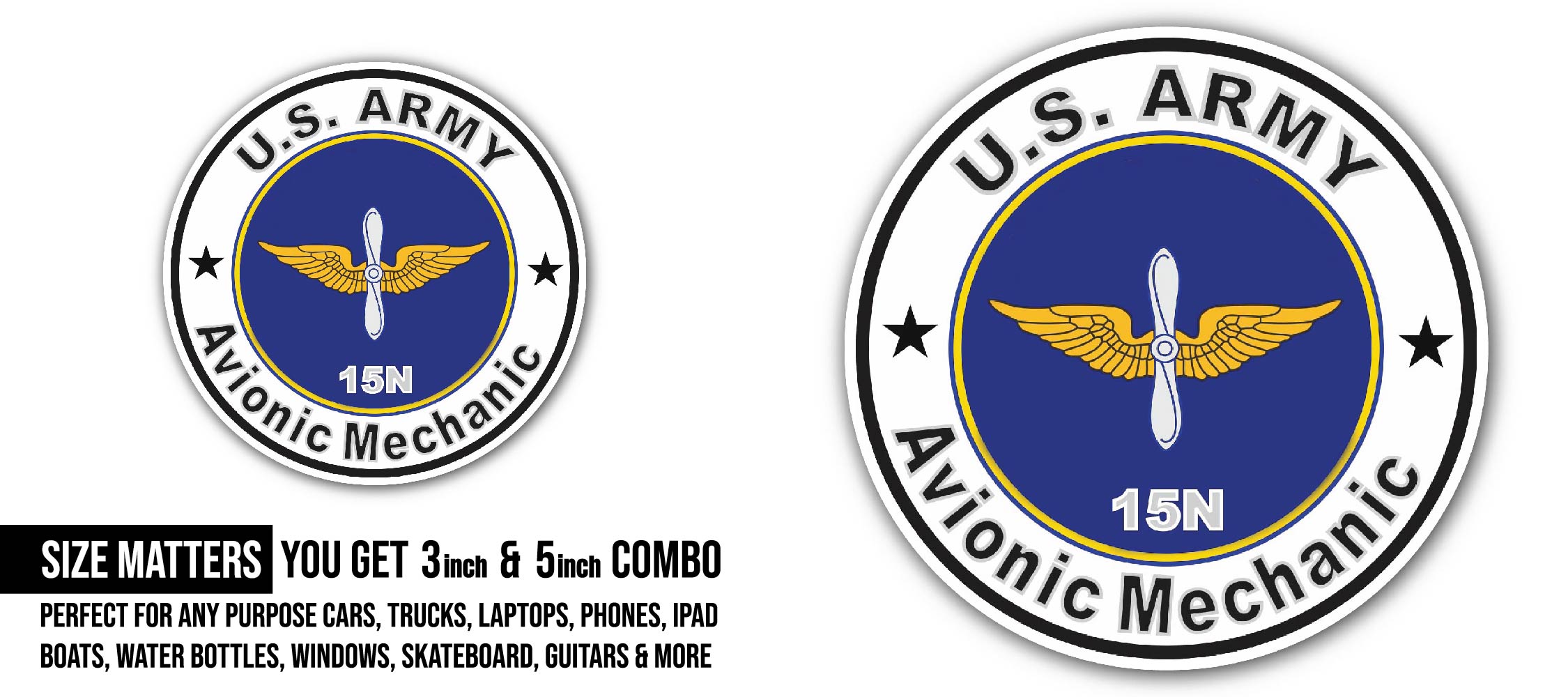 U.S. Army MOS 15N Avionic Mechanic Sticker, Waterproof Vinyl Decal Sticker Indoor Or Outdoor 2 (Pieces) 3" and 5"