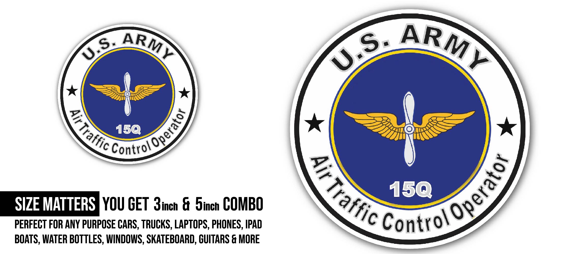 U.S. Army MOS 15Q Air Traffic Control Operator Sticker, Waterproof Vinyl Decal Sticker Indoor Or Outdoor 2 (Pieces) 3" and 5"