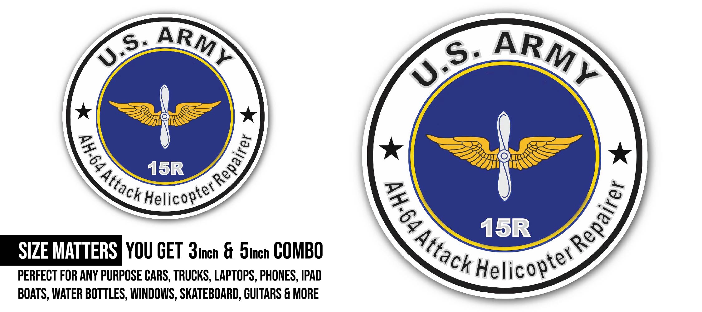 U.S. Army MOS 15R AH-64 Attack Helicopter Repairer Sticker, Waterproof Vinyl Decal Sticker Indoor Or Outdoor 2 (Pieces) 3" and 5"