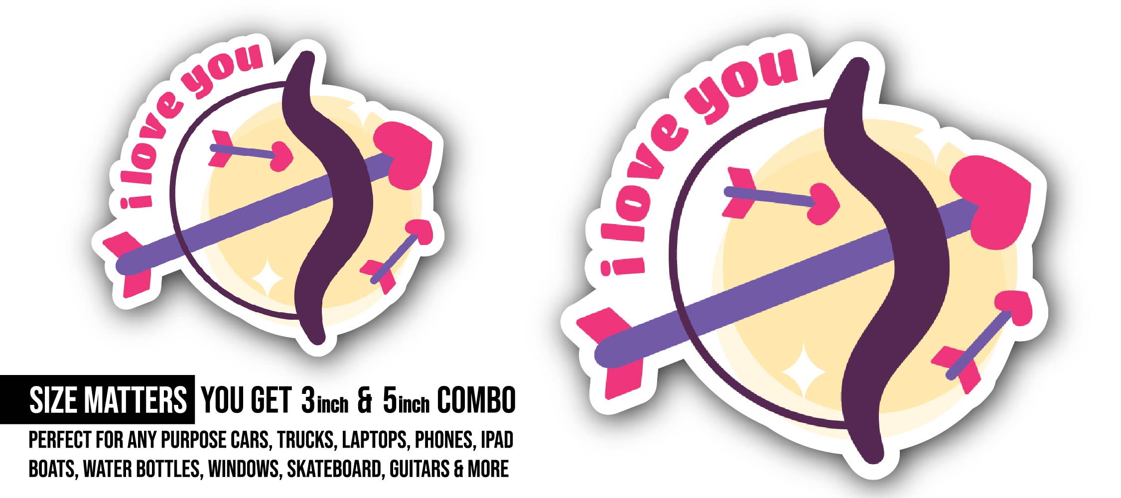 Bow and Arrow Lover Sticker, Waterproof Vinyl Decal Sticker Indoor Or Outdoor 2 (Pieces) 3" and 5"