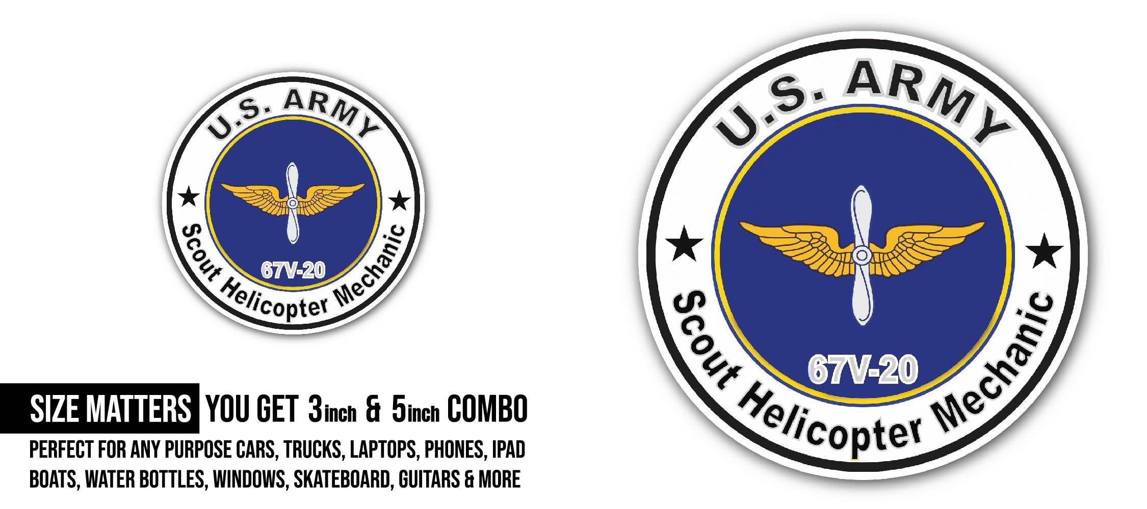 U.S. Army MOS 67V20 Scout Helicopter Mechanic Sticker, Waterproof Vinyl Decal Sticker Indoor Or Outdoor 2 (Pieces) 3" and 5"