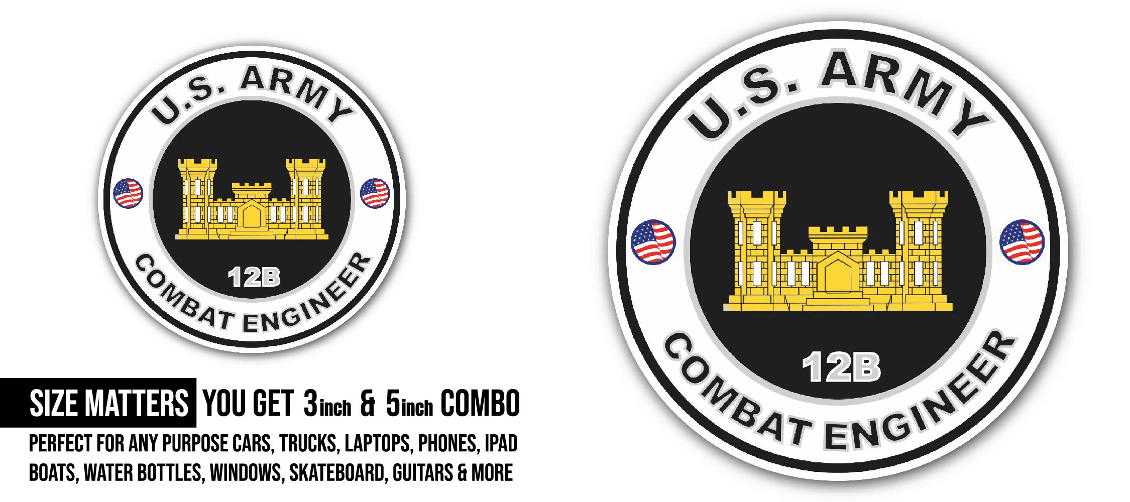U.S. Army MOS 12B Combat Engineer Sticker, Waterproof Vinyl Decal Sticker Indoor Or Outdoor 2 (Pieces) 3" and 5"