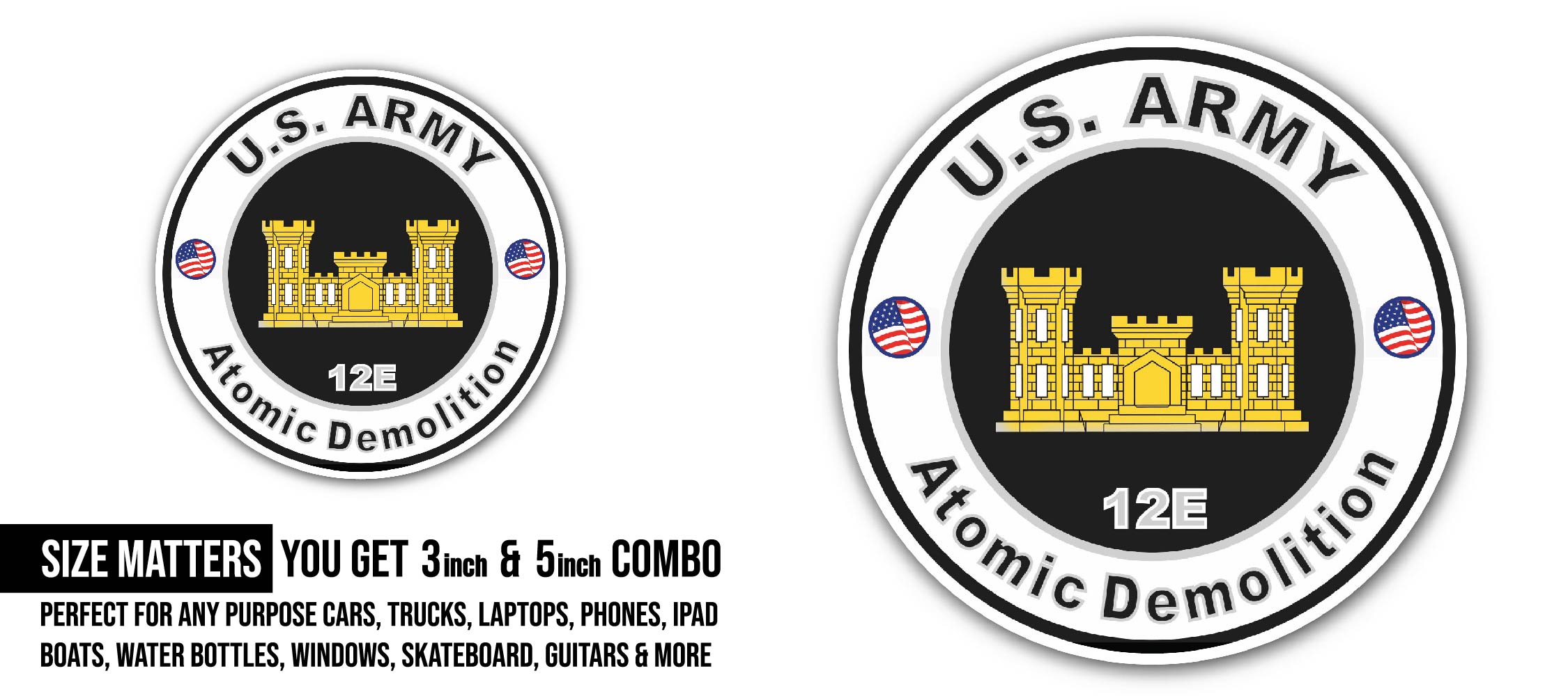 U.S. Army MOS 12E Atomic Demolition Sticker, Waterproof Vinyl Decal Sticker Indoor Or Outdoor 2 (Pieces) 3" and 5"