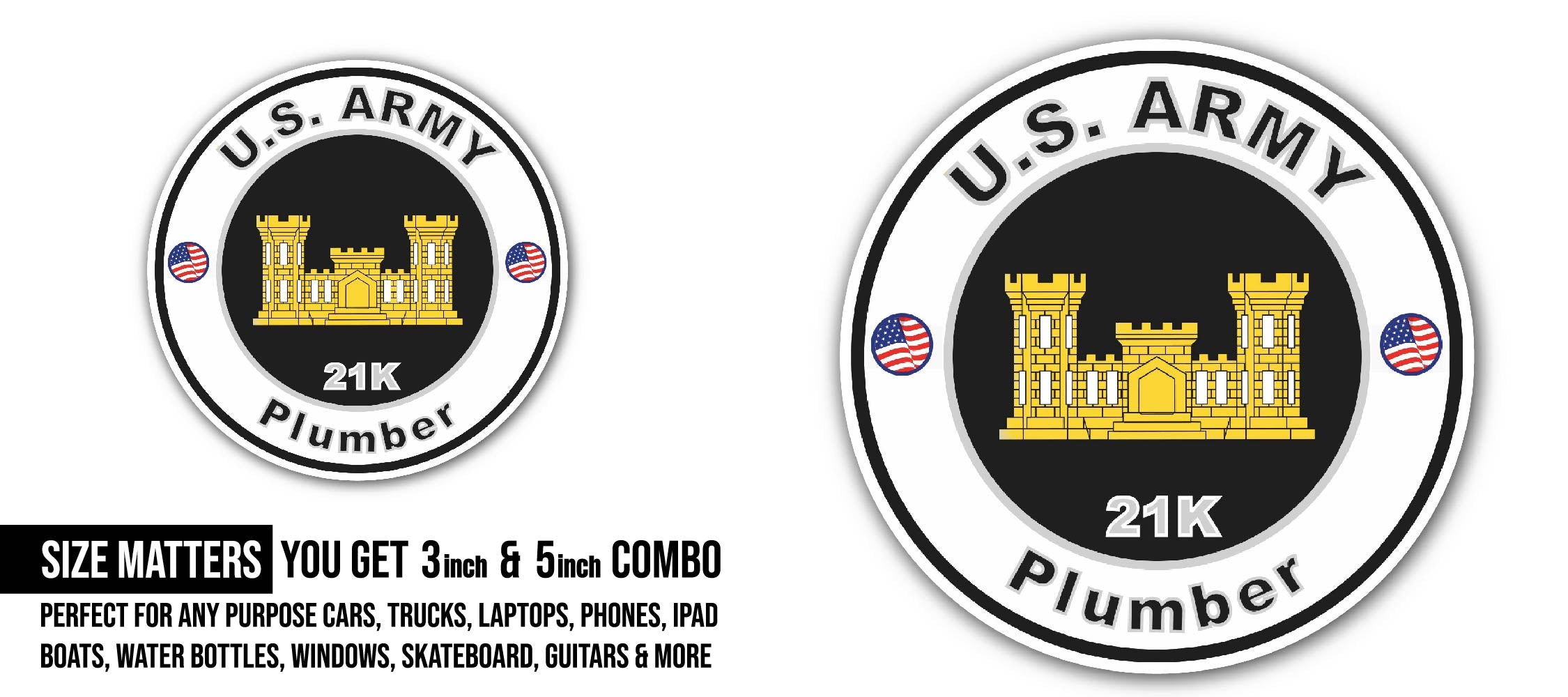 U.S. Army MOS 21K Plumber Sticker, Waterproof Vinyl Decal Sticker Indoor Or Outdoor 2 (Pieces) 3" and 5"