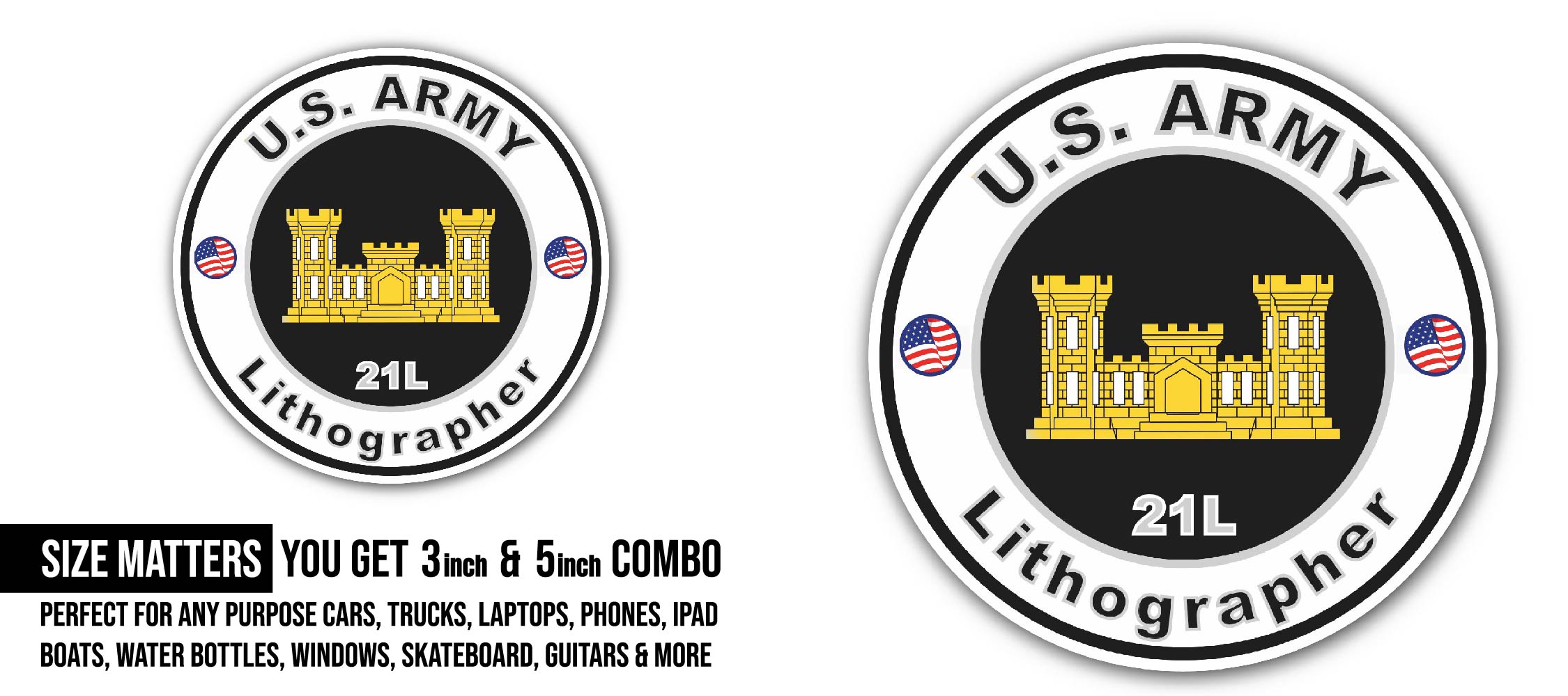 U.S. Army MOS 21L Lithographer Sticker, Waterproof Vinyl Decal Sticker Indoor Or Outdoor 2 (Pieces) 3" and 5"