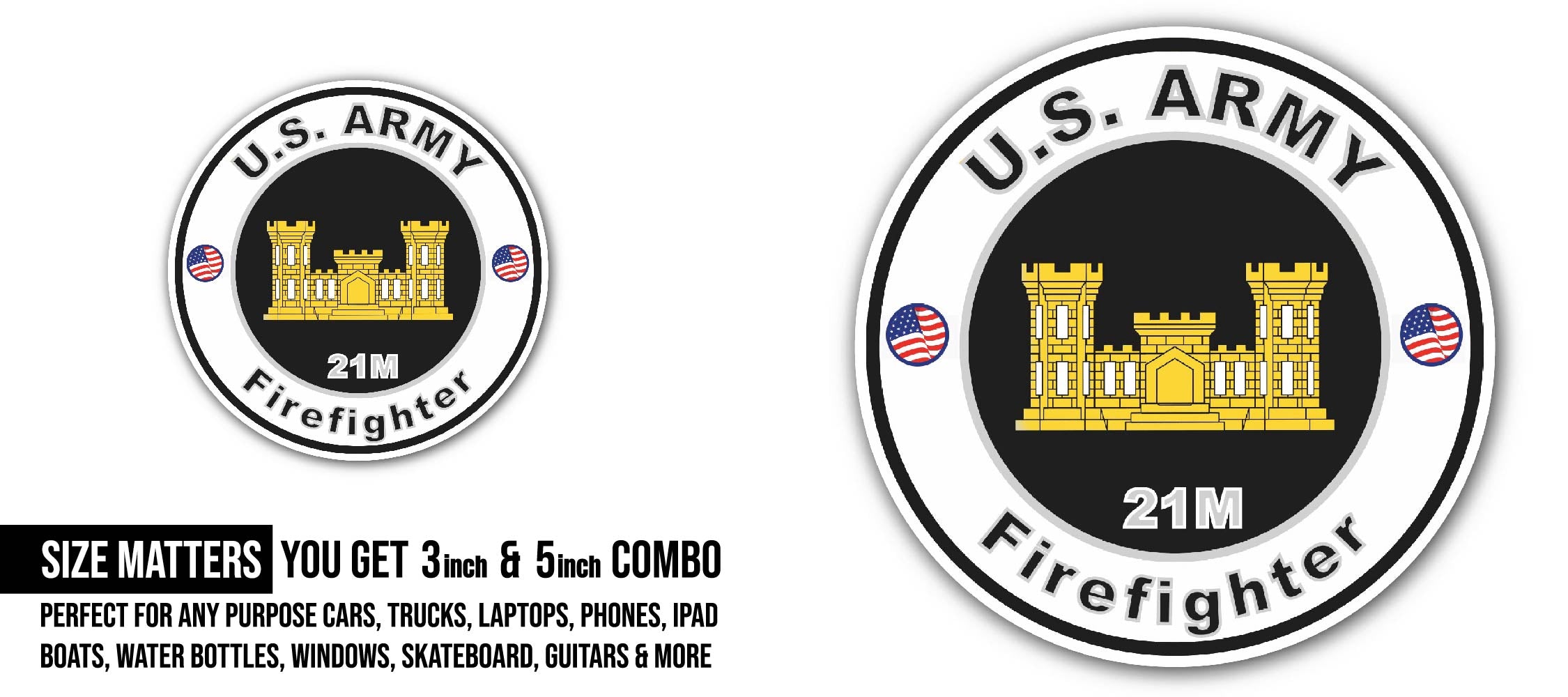 U.S. Army MOS 21M Firefighter Sticker, Waterproof Vinyl Decal Sticker Indoor Or Outdoor 2 (Pieces) 3" and 5"