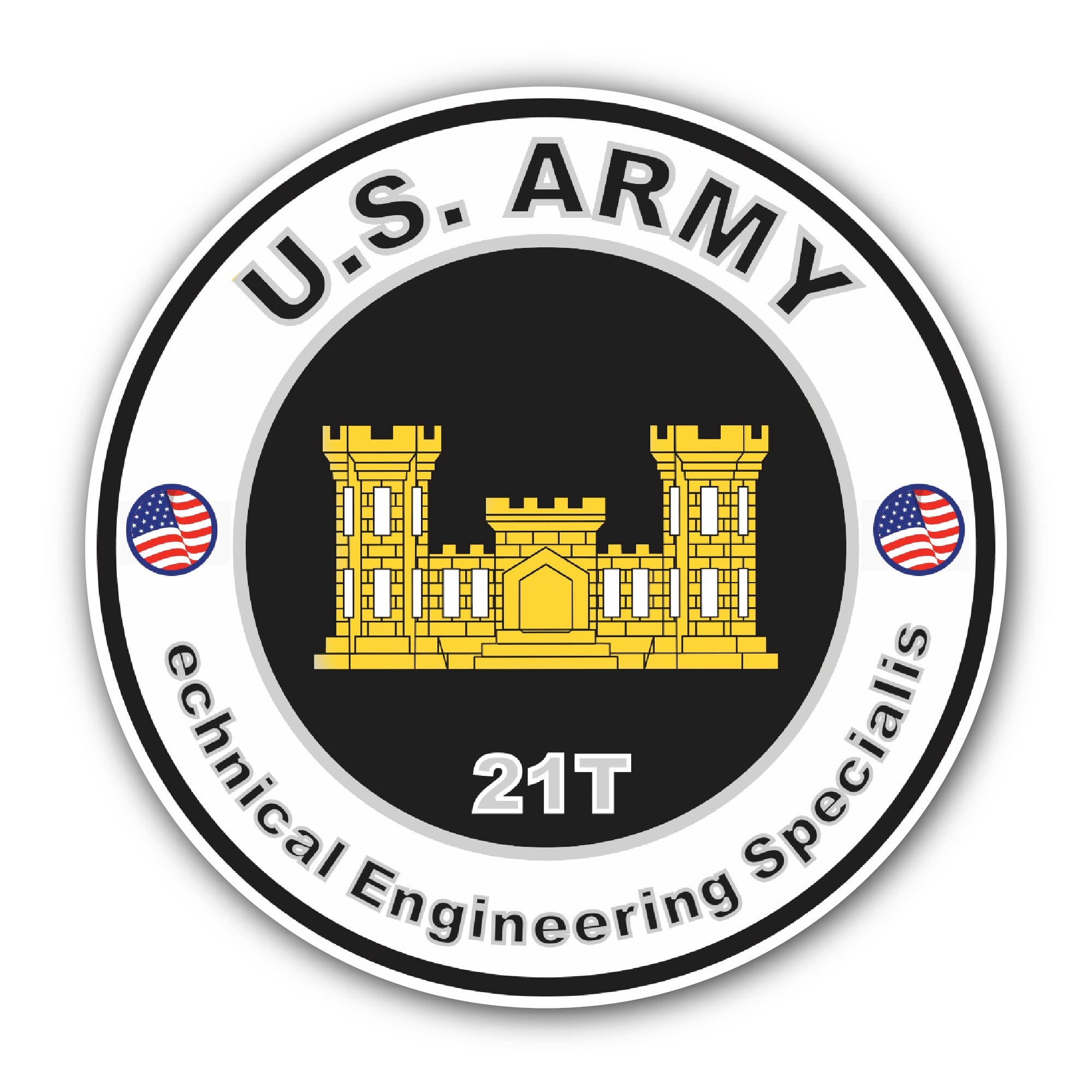 U.S. Army MOS 21T Technical Engineering Specialist Sticker, Waterproof Vinyl Decal Sticker Indoor Or Outdoor 2 (Pieces) 3" and 5"