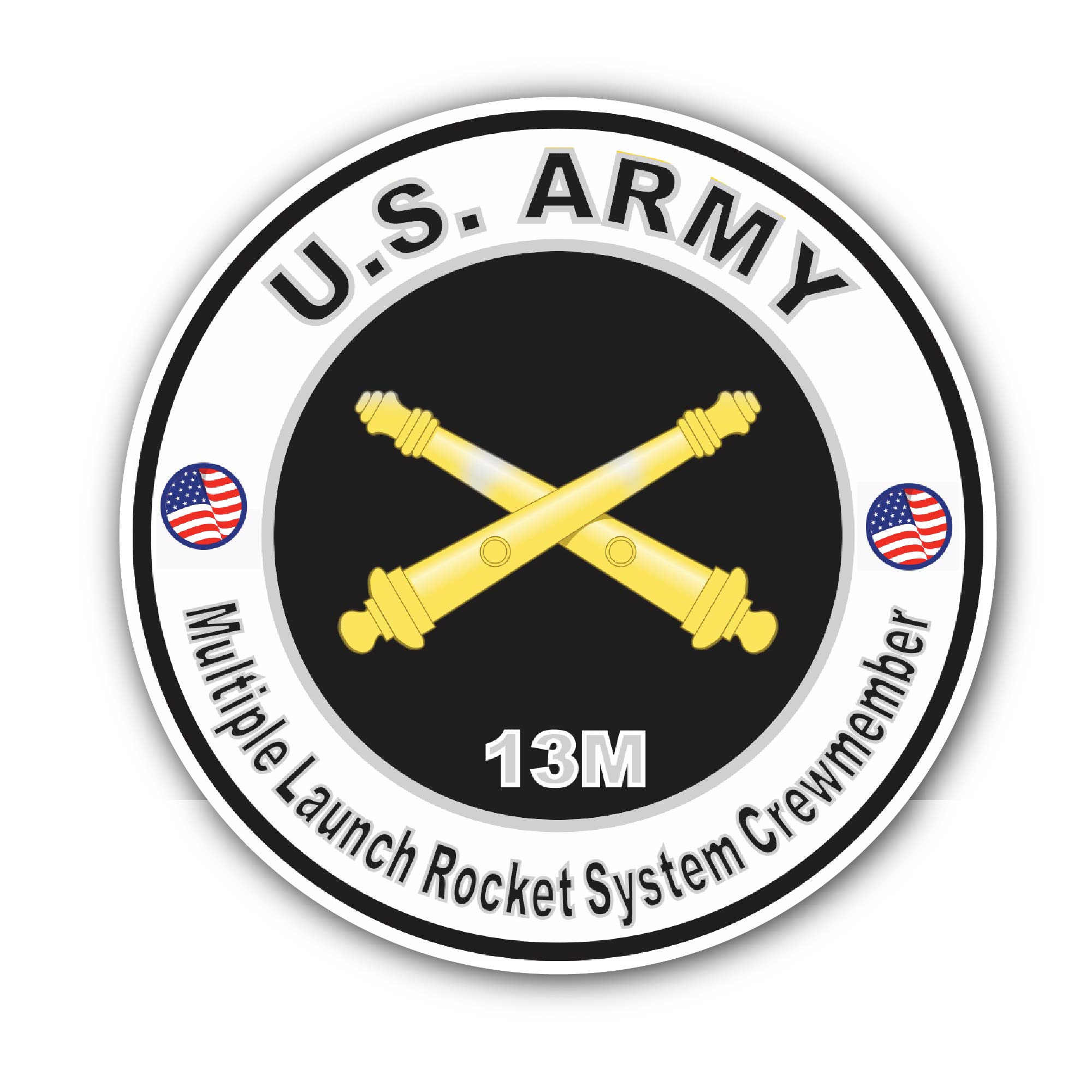 U.S. Army MOS 13M Multiple Launch Rocket System Crewmember Sticker, Waterproof Vinyl Decal Sticker Indoor Or Outdoor 2 (Pieces) 3" and 5"