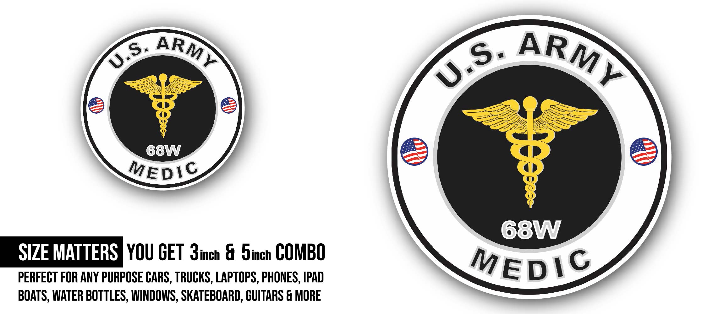 U.S. Army MOS 68W Medic Sticker, Waterproof Vinyl Decal Sticker Indoor Or Outdoor 2 (Pieces) 3" and 5"