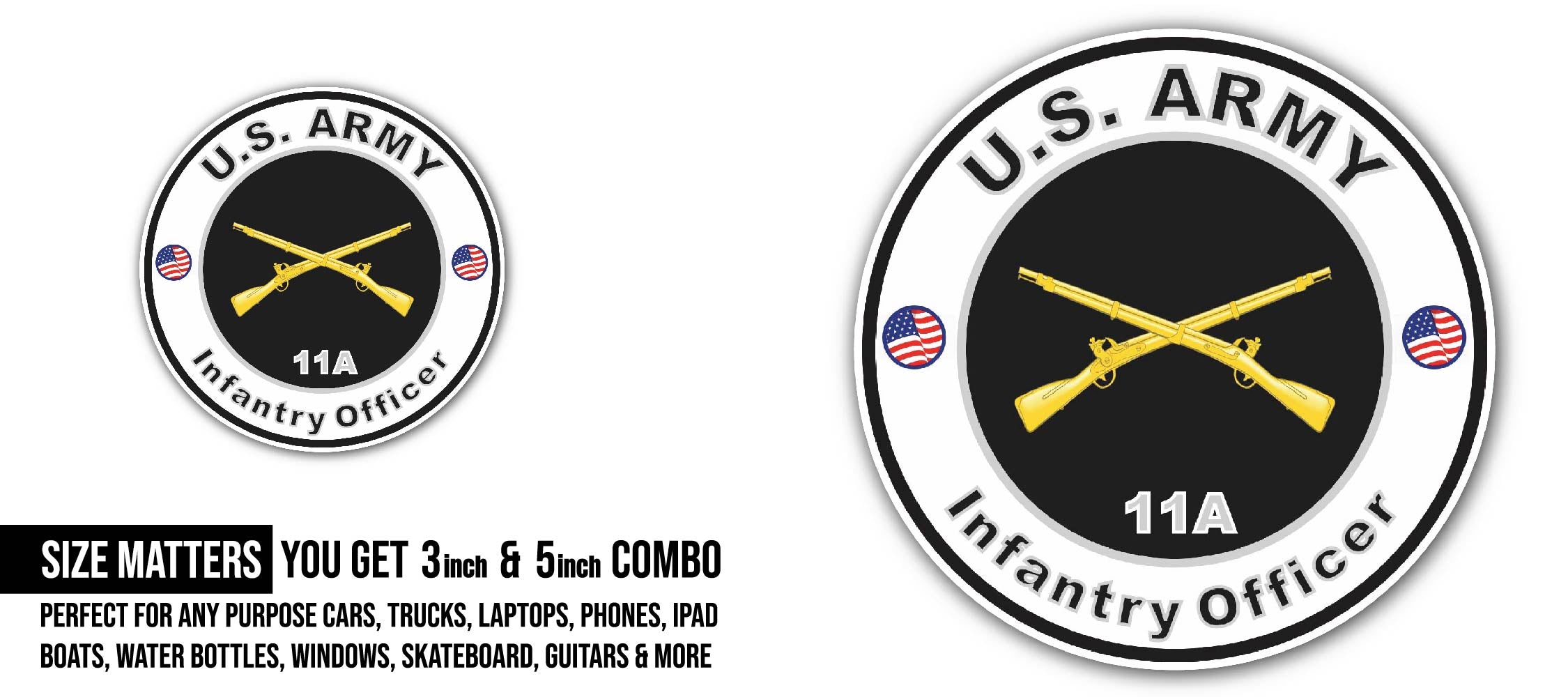 U.S. Army MOS 11A Infantry Officer Sticker, Waterproof Vinyl Decal Sticker Indoor Or Outdoor 2 (Pieces) 3" and 5"