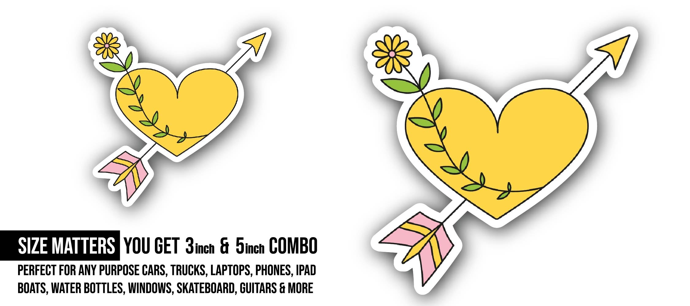 Hart and Arrow Sticker, Waterproof Vinyl Decal Sticker Indoor Or Outdoor 2 (Pieces) 3" and 5"