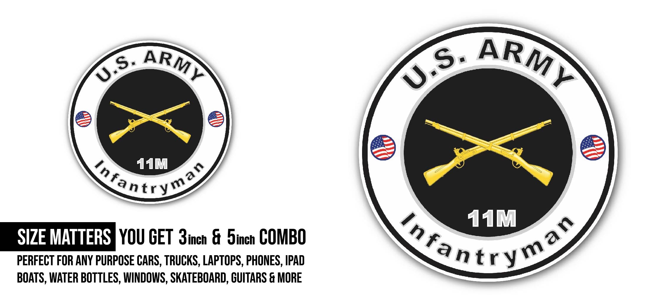 U.S. Army MOS 11M Infantryman Sticker, Waterproof Vinyl Decal Sticker Indoor Or Outdoor 2 (Pieces) 3" and 5"