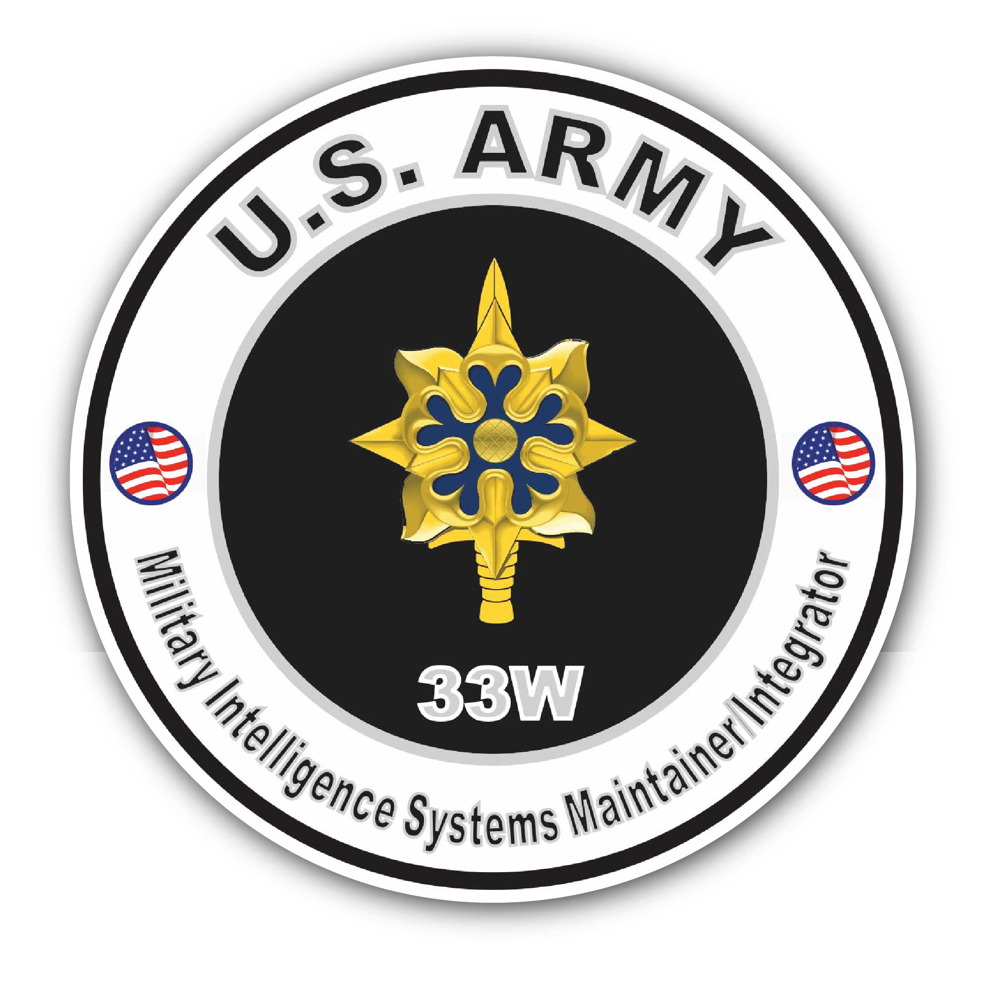 U.S. Army MOS 33W Military Intelligence Systems Maintainer/Integrator Sticker, Waterproof Vinyl Decal Sticker Indoor Or Outdoor 2 (Pieces) 3" and 5"