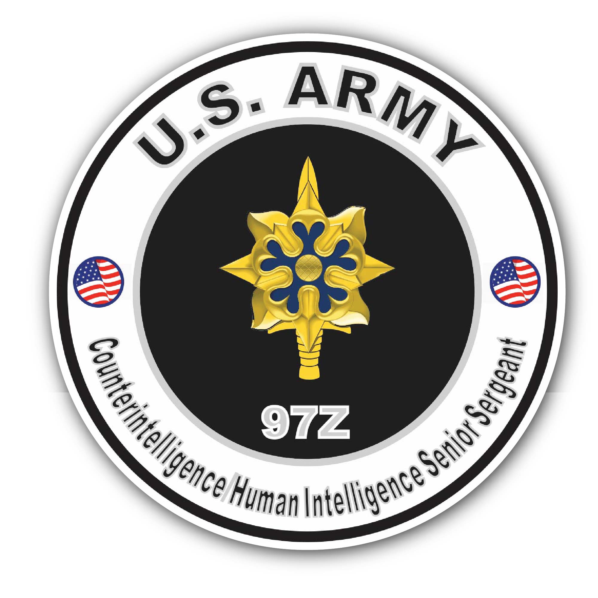 U.S. Army MOS 97Z Counterintelligence/Human Intelligence Senior Sergeant Sticker, Waterproof Vinyl Decal Sticker Indoor Or Outdoor 2 (Pieces) 3" and 5"