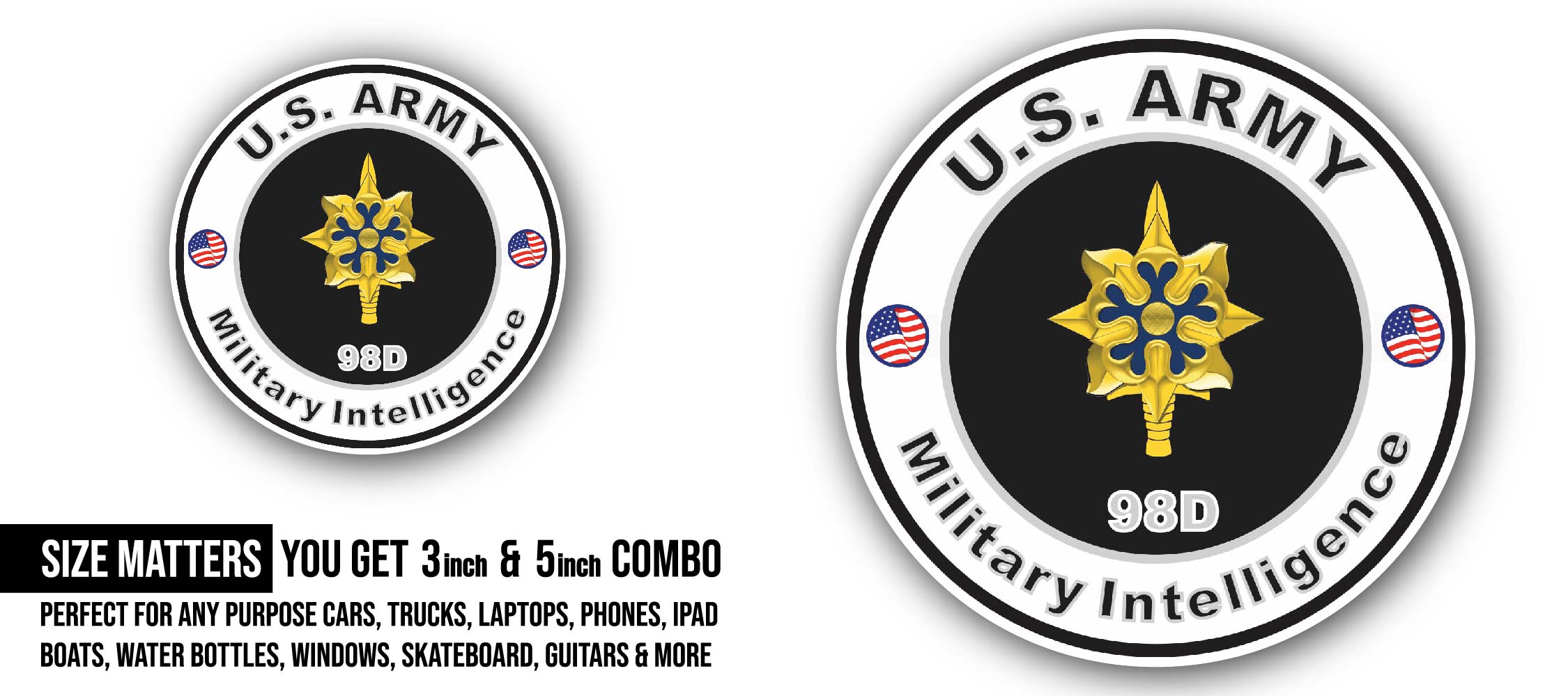 U.S. Army MOS 98D Military Intelligence Sticker, Waterproof Vinyl Decal Sticker Indoor Or Outdoor 2 (Pieces) 3" and 5"