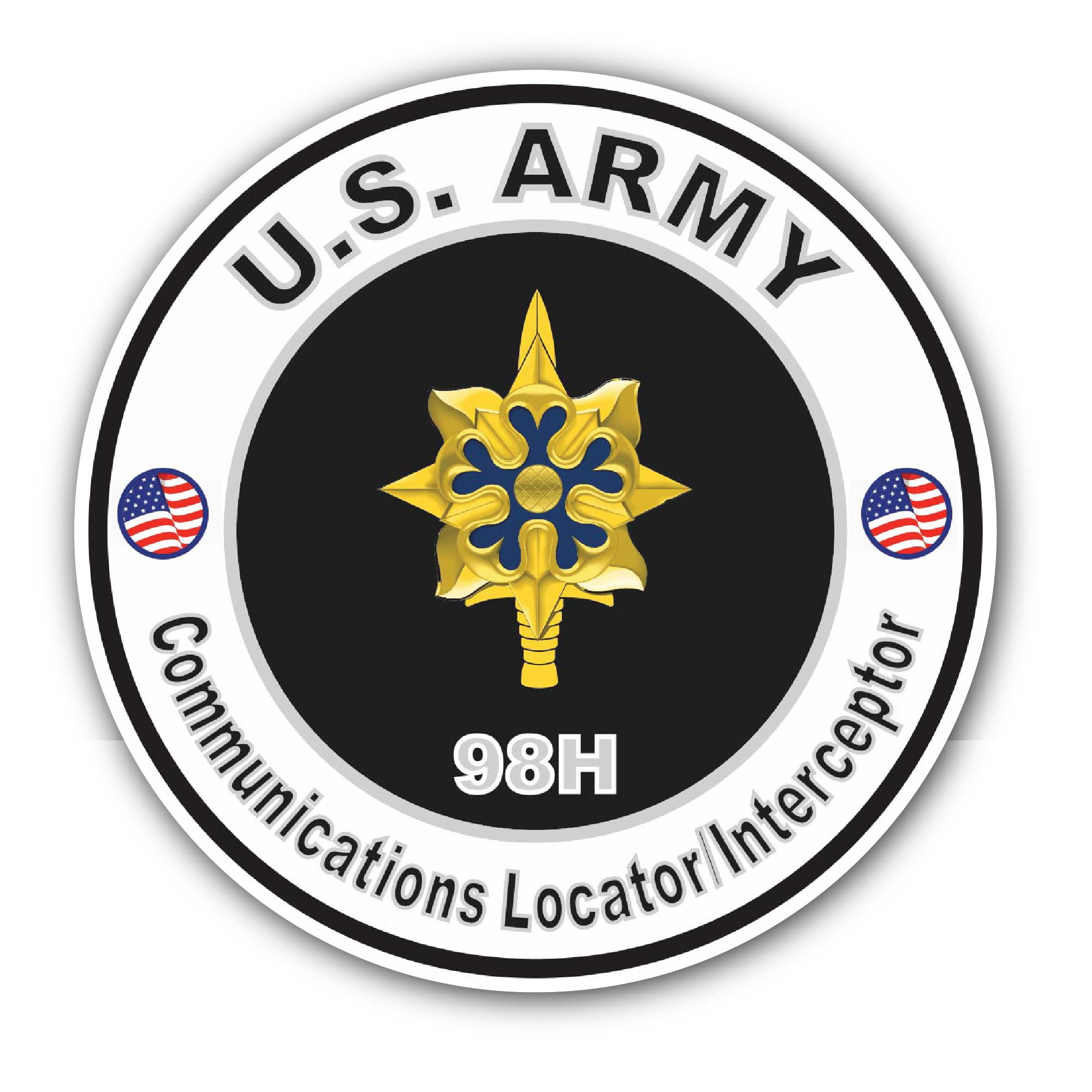 U.S. Army MOS 98H Communications Locator/Interceptor Sticker, Waterproof Vinyl Decal Sticker Indoor Or Outdoor 2 (Pieces) 3" and 5"
