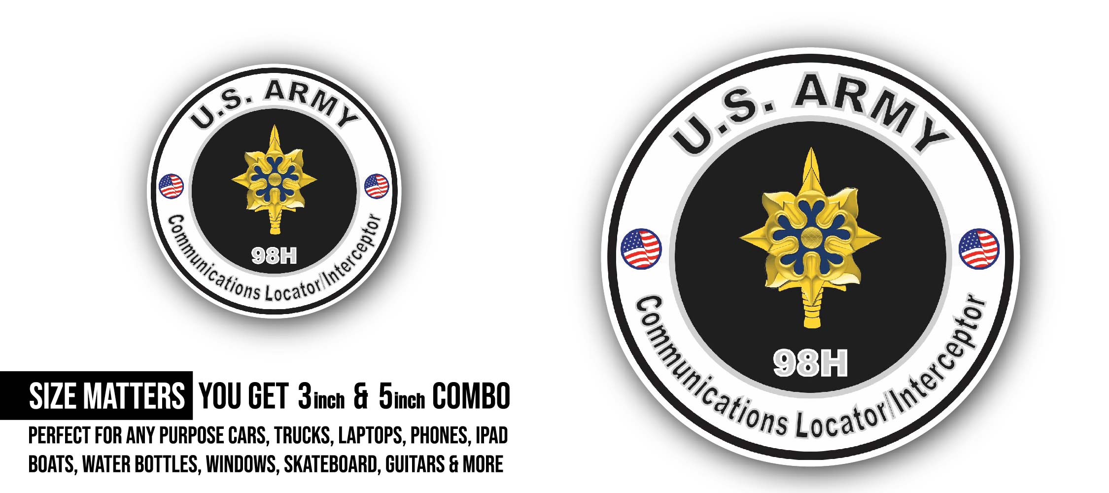 U.S. Army MOS 98H Communications Locator/Interceptor Sticker, Waterproof Vinyl Decal Sticker Indoor Or Outdoor 2 (Pieces) 3" and 5"
