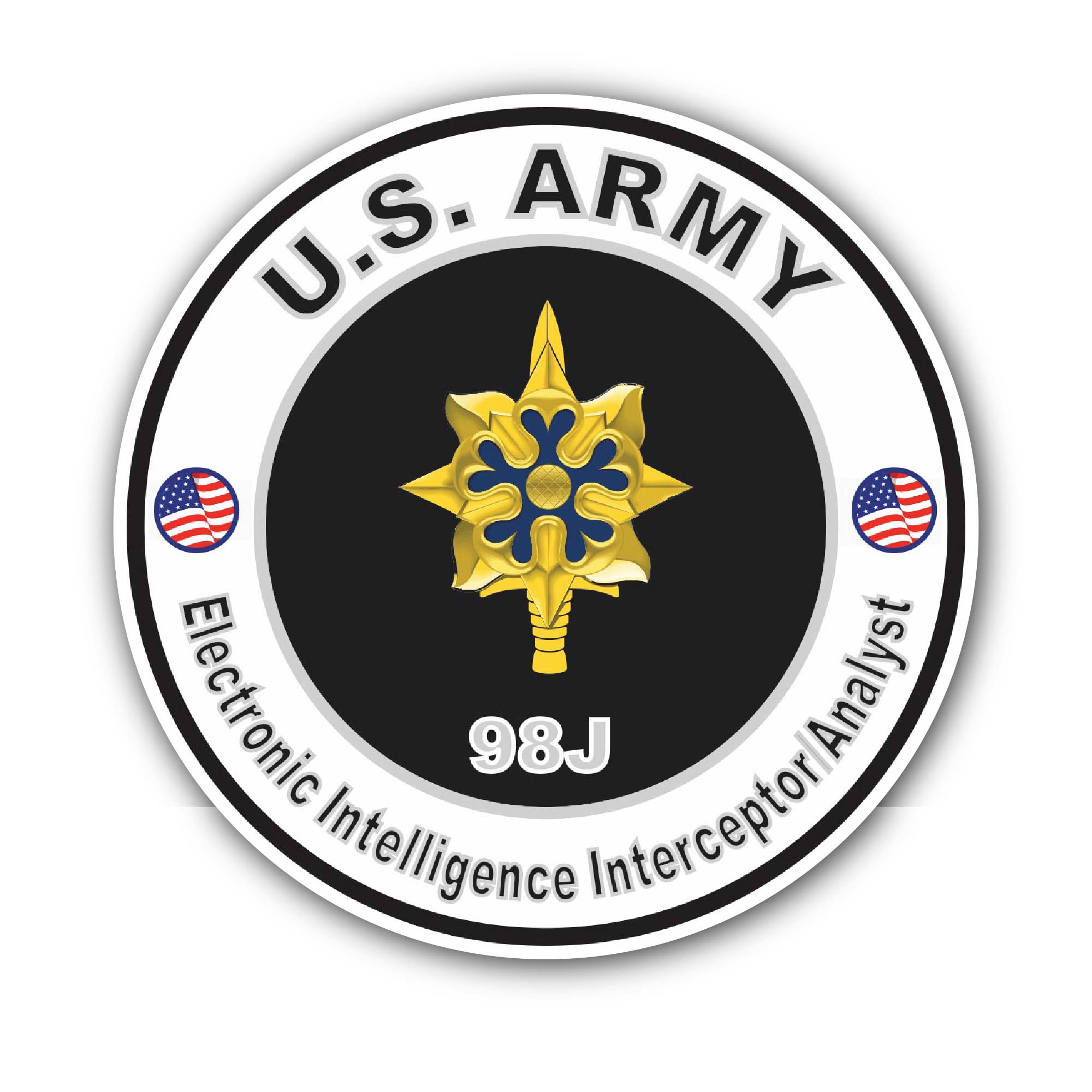 U.S. Army MOS 98J Electronic Intelligence Interceptor Analyst Sticker, Waterproof Vinyl Decal Sticker Indoor Or Outdoor 2 (Pieces) 3" and 5"